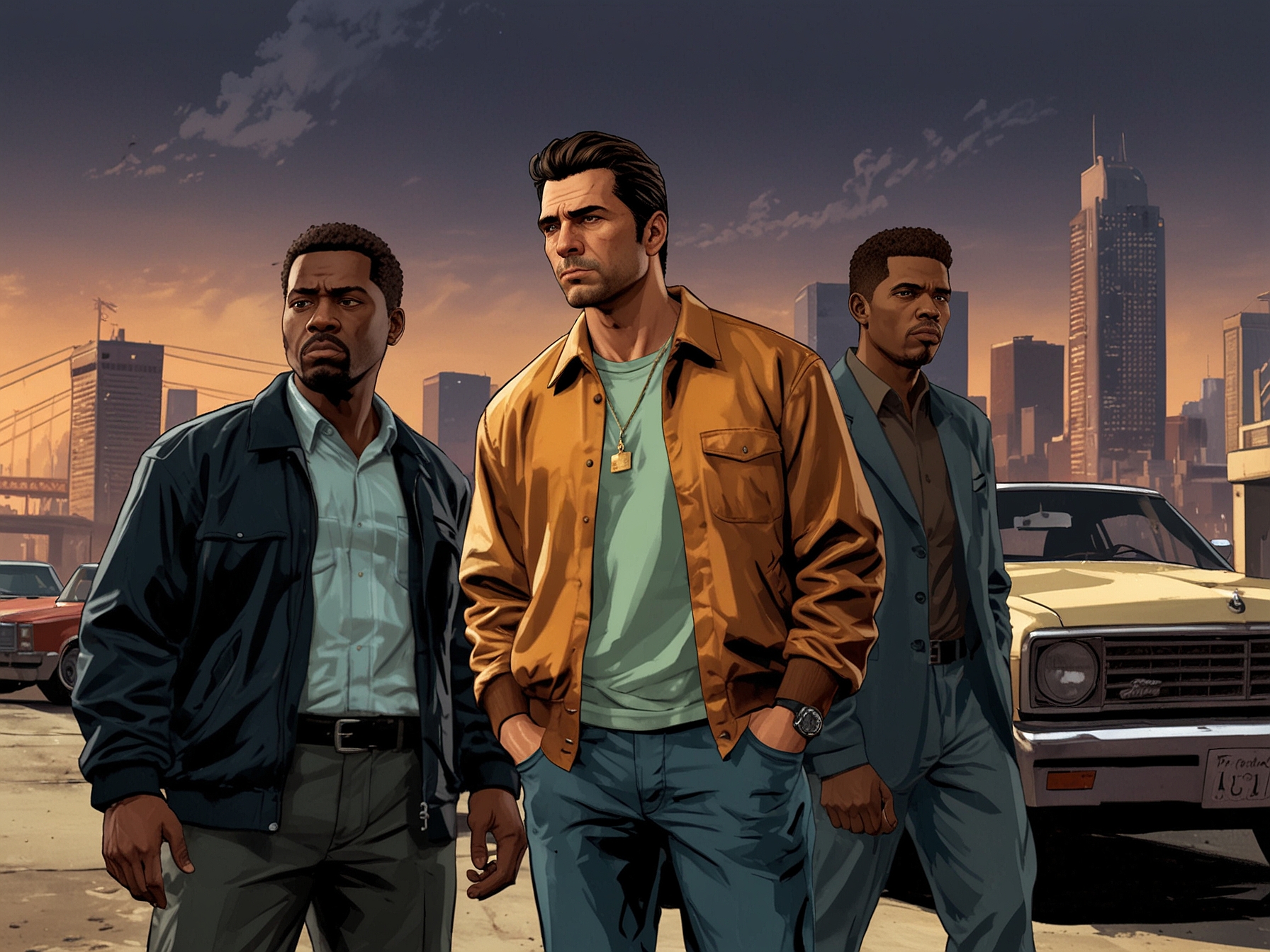 Characters Tommy Vercetti, Carl 'CJ' Johnson, and the protagonist of GTA III in dynamic in-game scenes from their respective titles, highlighting the nostalgic appeal and immersive open-world environments that captivated millions of downloads.