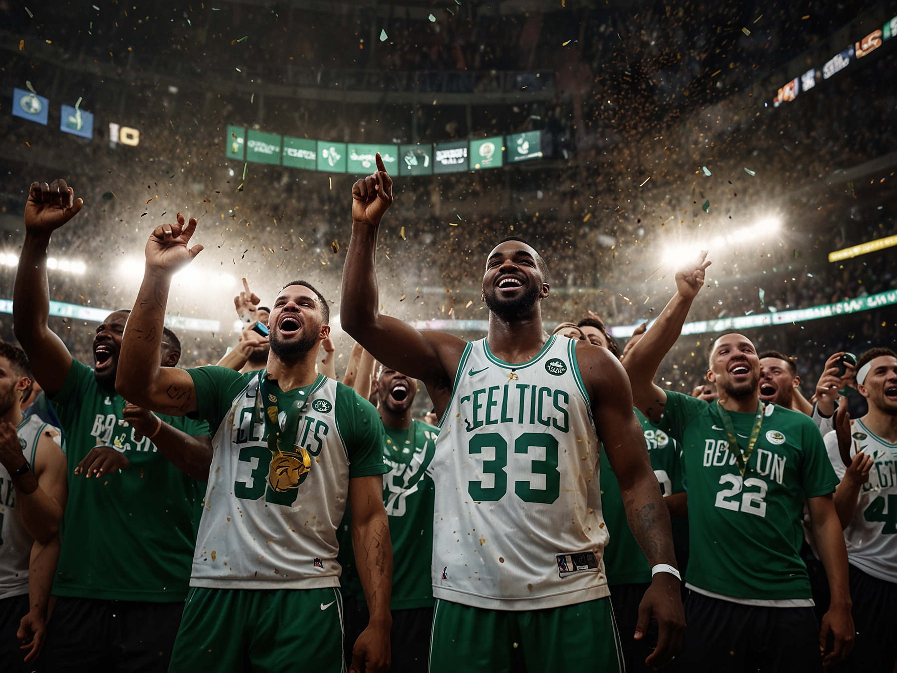 Boston Celtics players celebrate their 18th NBA title victory on the court at TD Garden, as confetti rains down and fans cheer in the background, capturing the historic moment.