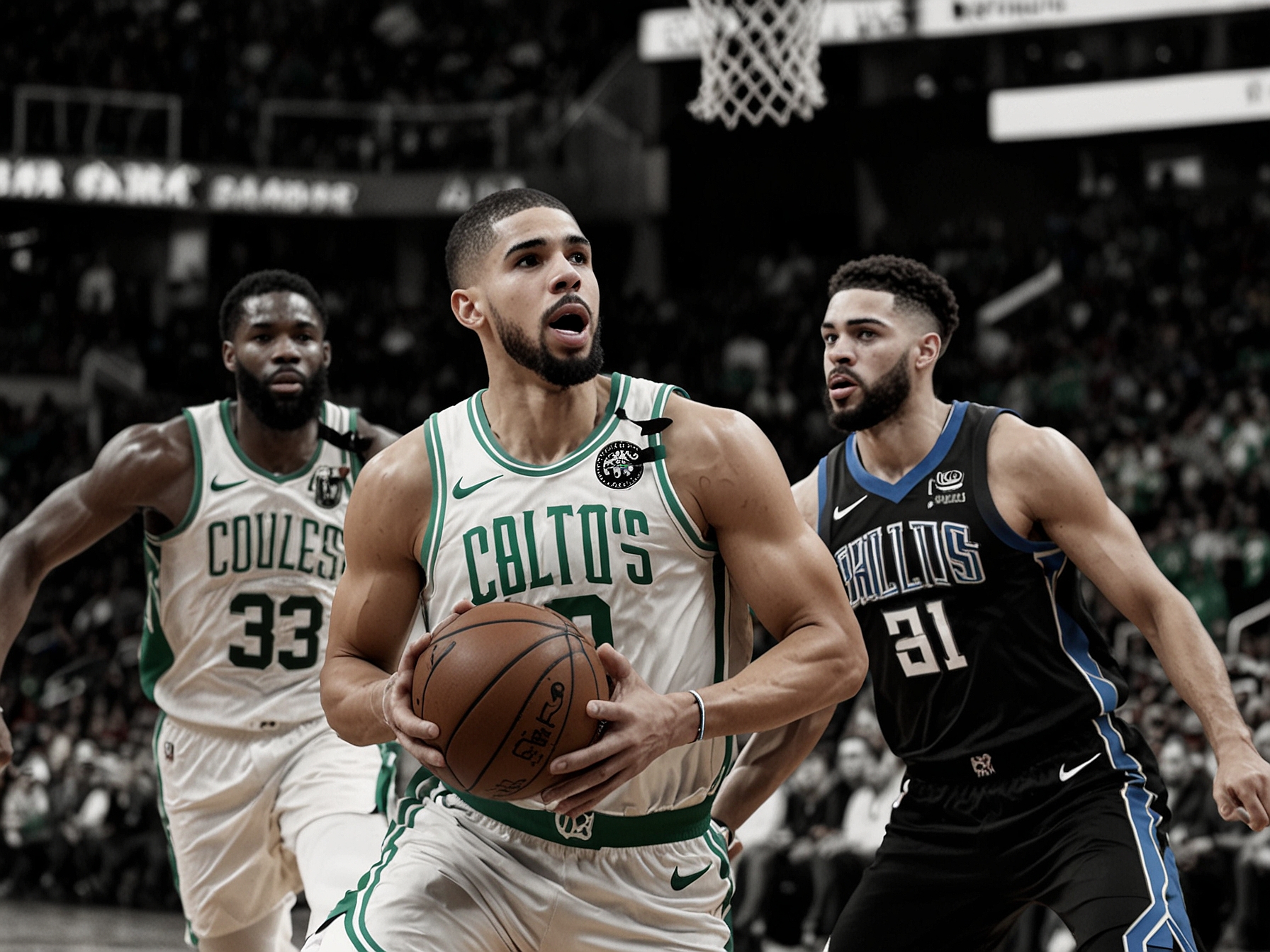 Jayson Tatum drives to the basket against Dallas Mavericks' defenders during Game 5 of the NBA Finals, showcasing his scoring prowess and relentless aggression on the court.