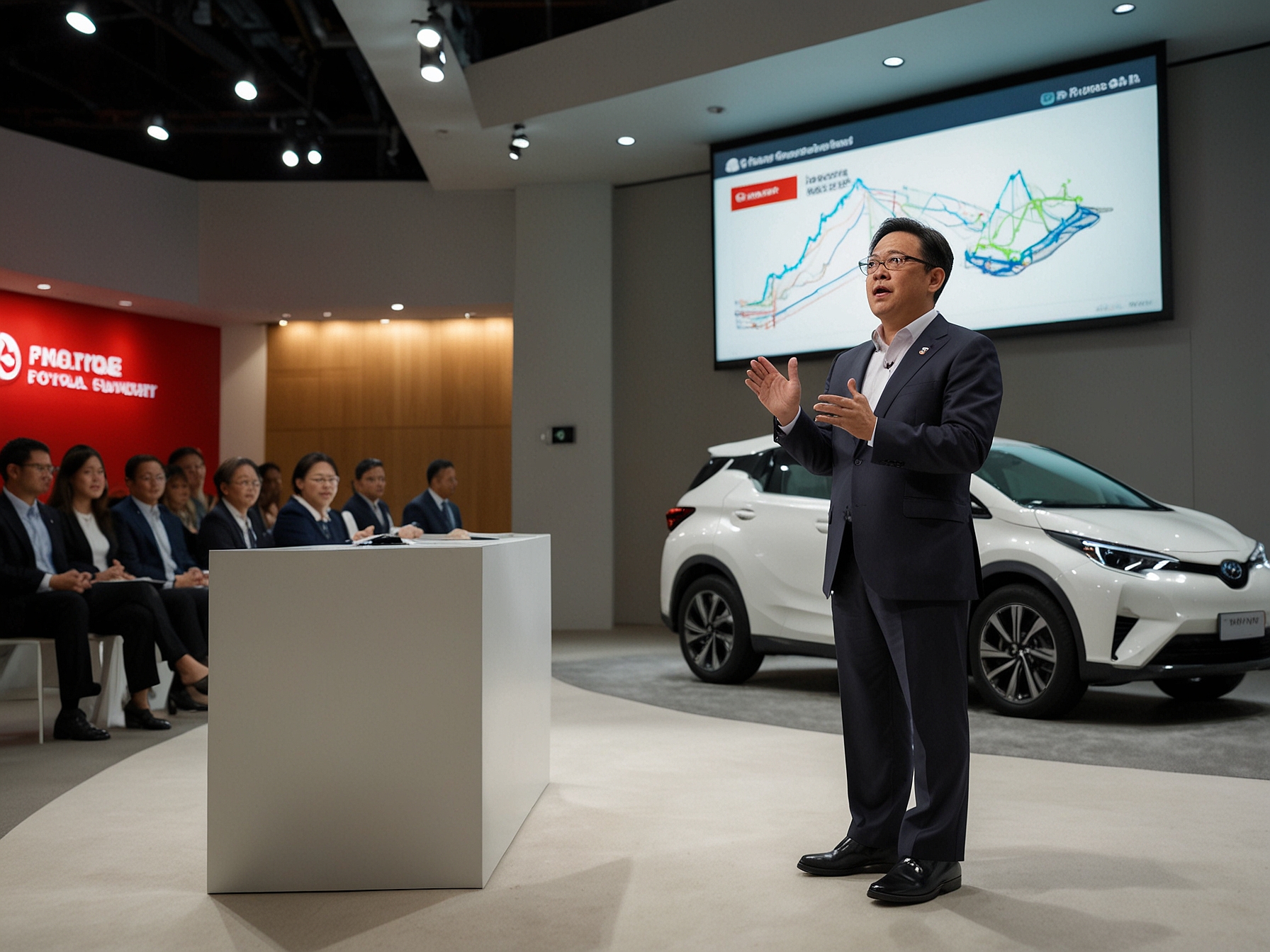 Toyota's CEO, Akio Toyoda, addressing shareholders at the AGM, with a presentation slide highlighting the company’s strategy for electric vehicle adoption and hybrid technologies.