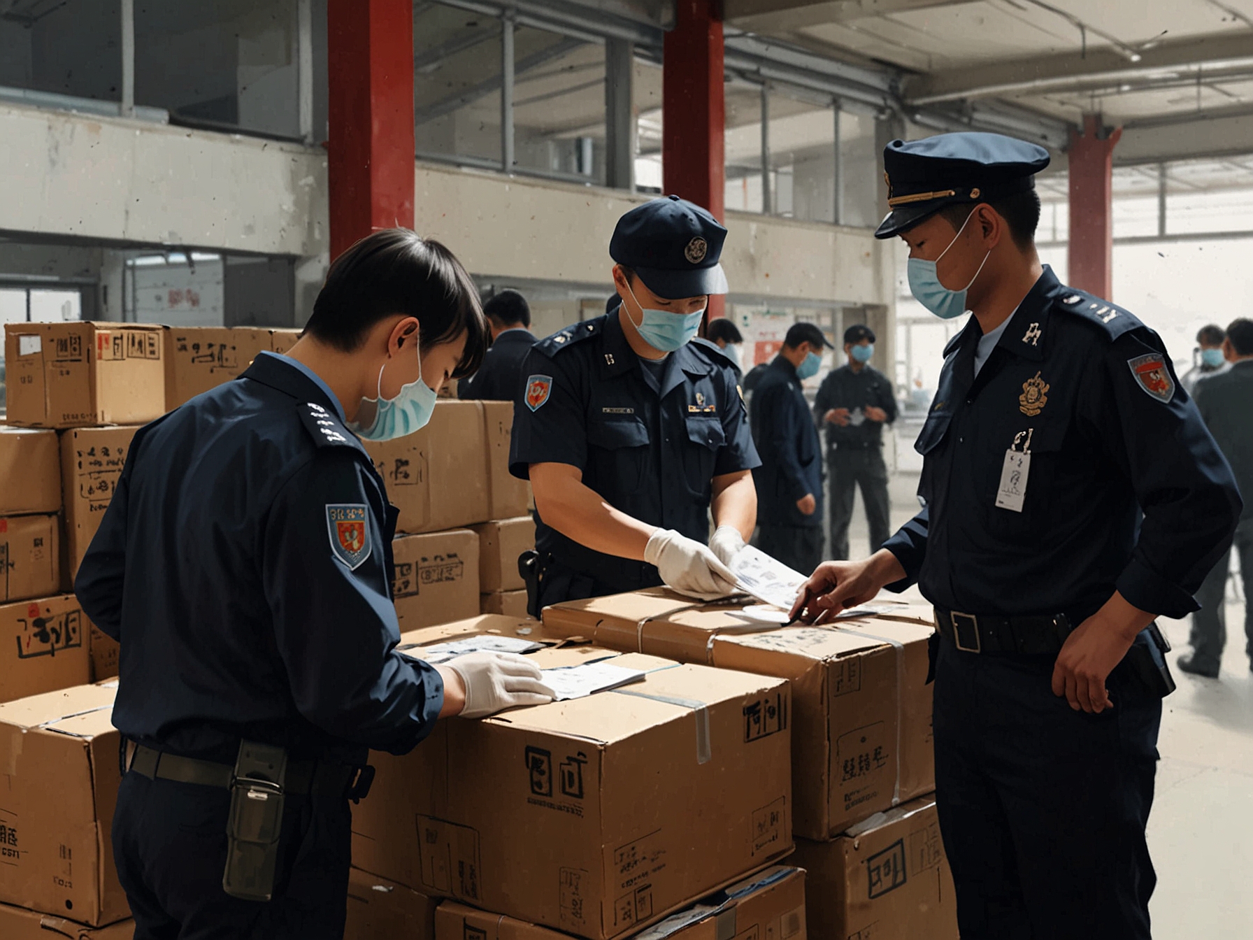 Vigilant Chinese customs officers at Liantang Port inspecting a passenger’s belongings, uncovering 350 Nintendo Switch cartridges concealed in an unlikely place, showcasing their alertness against smuggling.