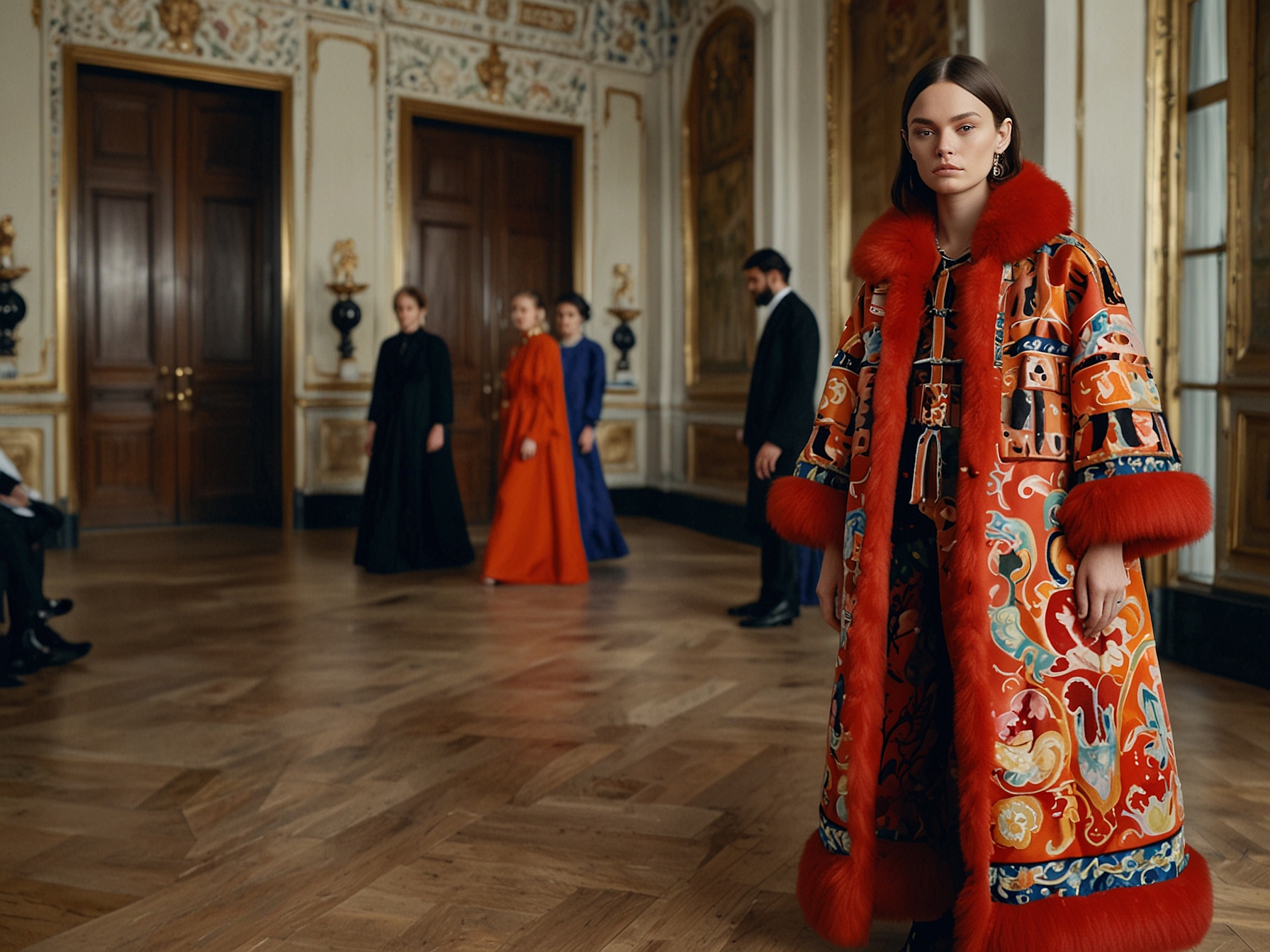 Alessandro Michele's Valentino Resort 2025 Collection showcases an ornate ensemble with vibrant patterns, rich textures, and fur-trimmed large coats, exemplifying maximalist aesthetics.