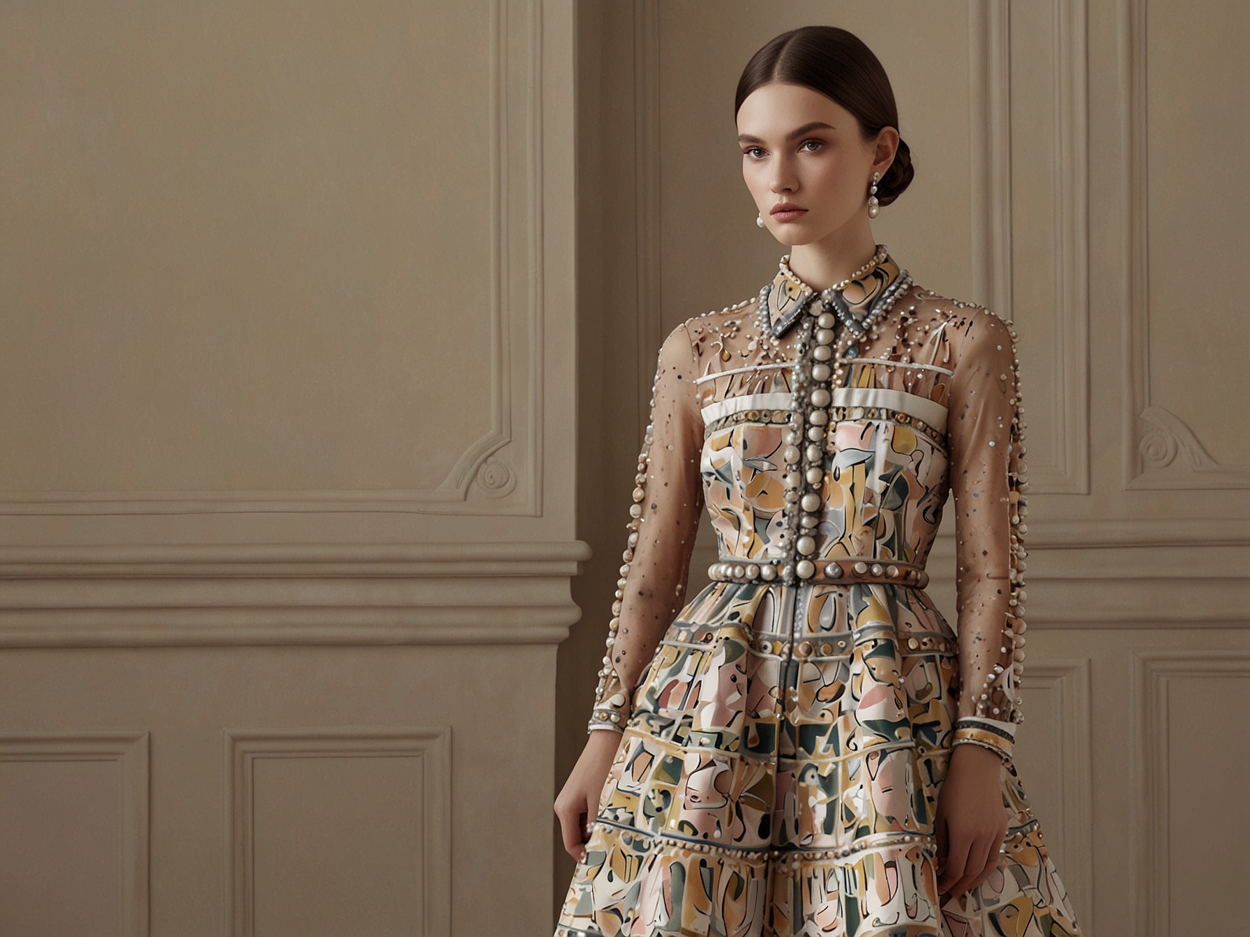 A model in the Valentino Resort 2025 Collection wears a lavishly patterned suit paired with tiered skirts and pearls, evoking '60s and '70s vintage glamour and bohemian elegance.