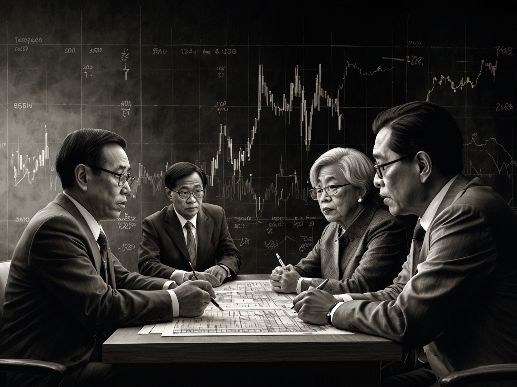 An illustration of Philippine central bank officials discussing rate cuts, with a backdrop chart showcasing the declining value of the peso against the US dollar.