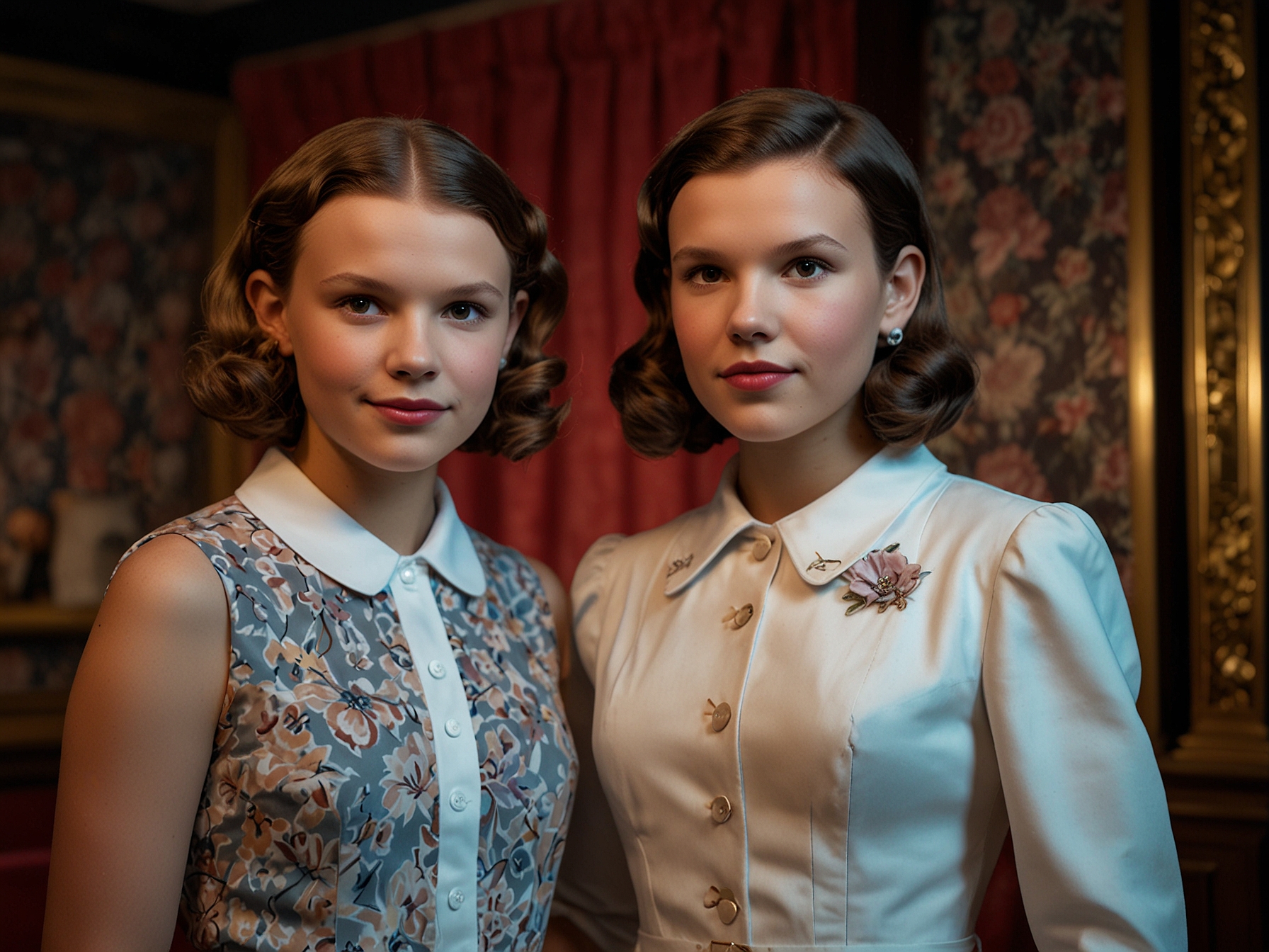 Millie Bobby Brown poses next to her lifelike wax figure of Enola Holmes at Madame Tussauds, showcasing the intricate detail and craftsmanship that went into creating the figure.