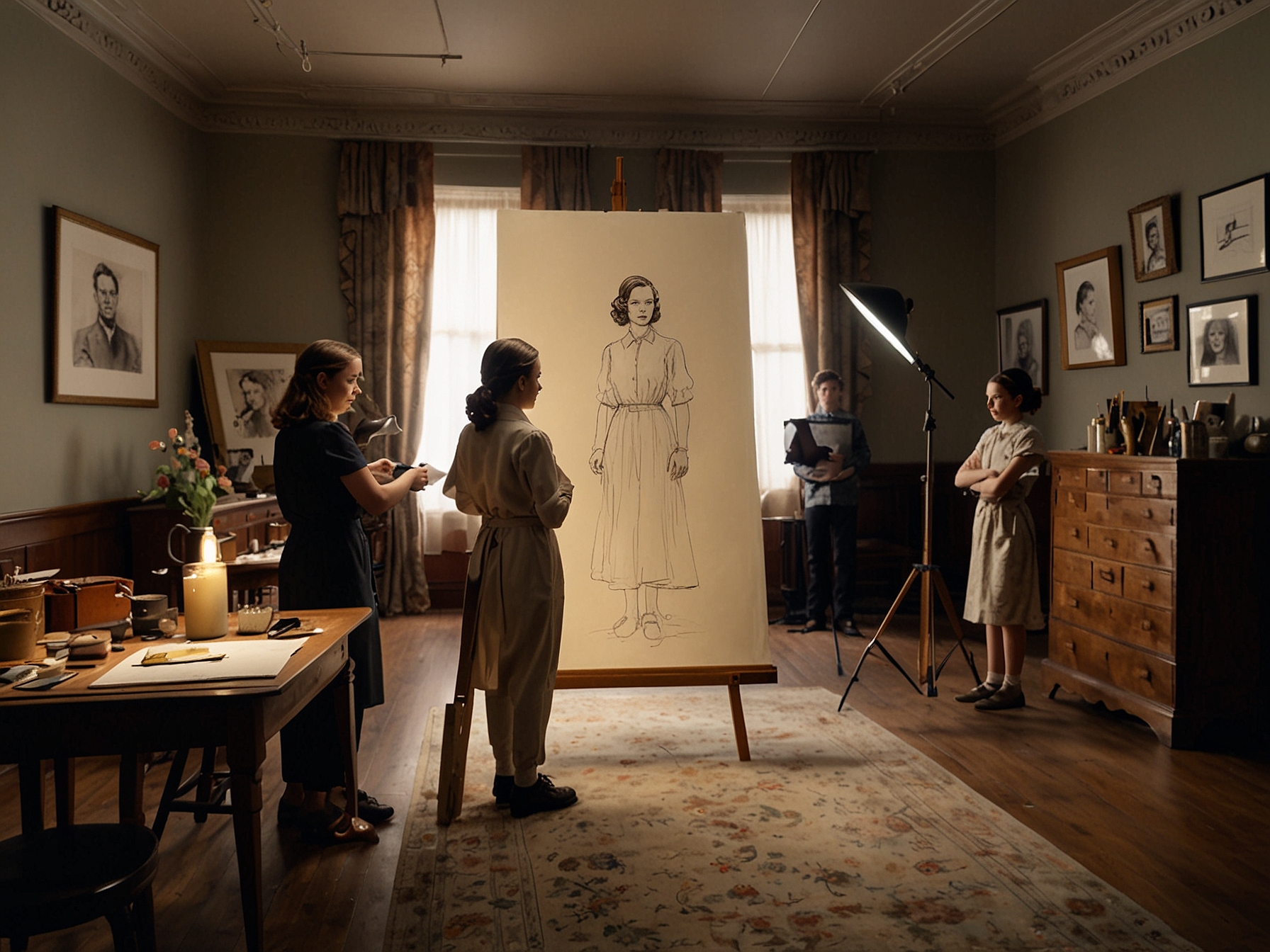 Behind-the-scenes photo of Millie Bobby Brown during the wax figure creation process, surrounded by artists taking measurements and photographs to ensure an accurate portrayal of Enola Holmes.
