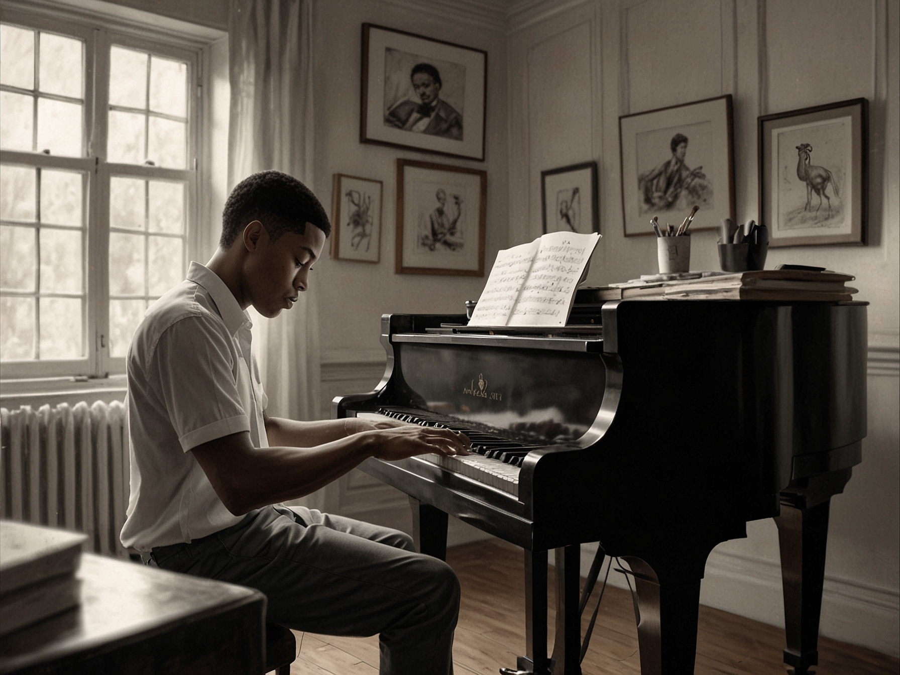 Michael Rainey Jr. plays the piano in a serene studio, showcasing his passion for music, a vital escape from his intense acting schedule. The peaceful ambiance reflects his dedication to personal growth through music.