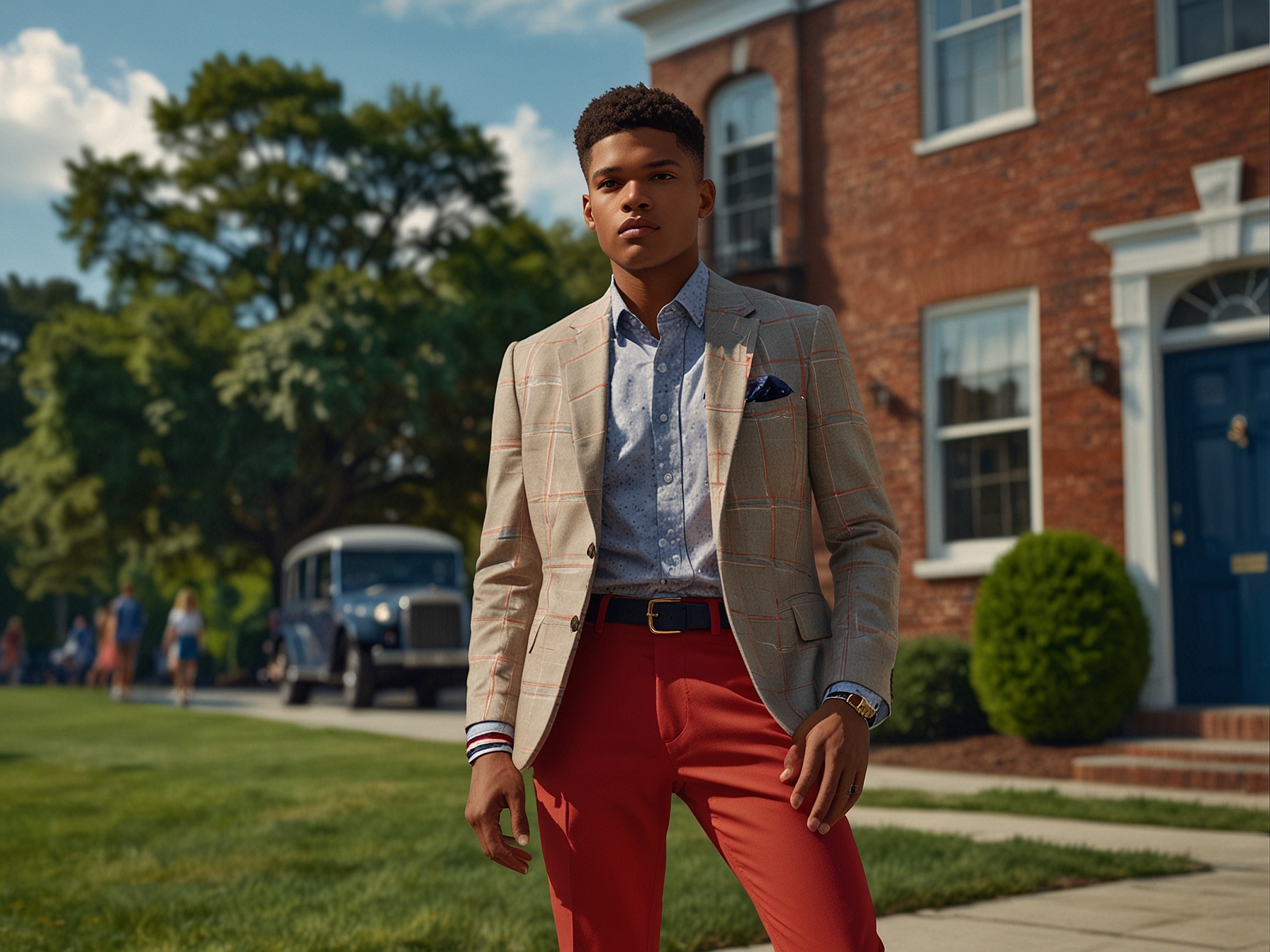 In a Tommy Hilfiger campaign, Michael Rainey Jr. models preppy outfits against a tranquil Connecticut backdrop. This image underscores his evolving fashion sense and the influence of New York's street style.