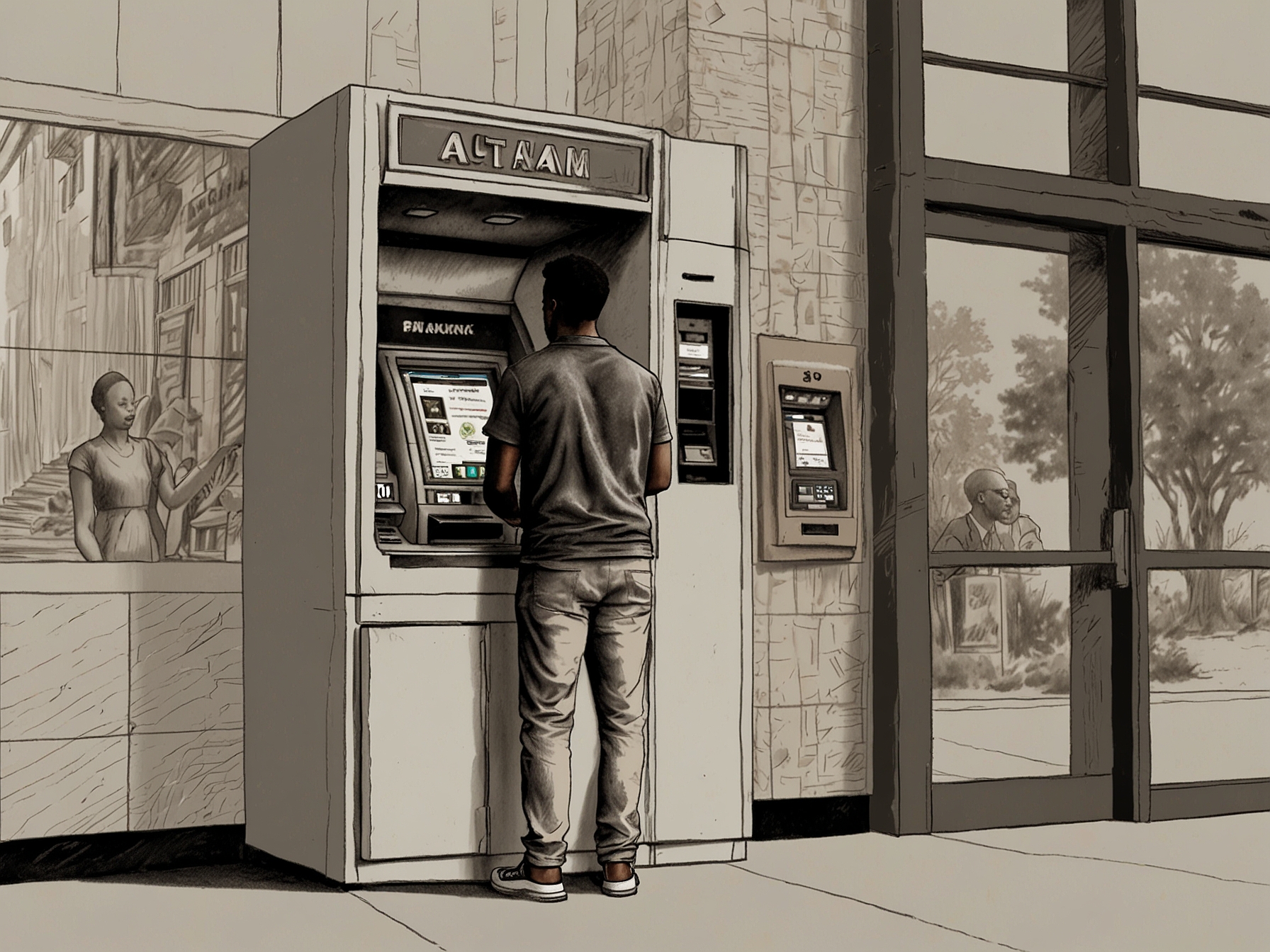 An ATM machine with a user withdrawing cash, representing the banking adjustments during Juneteenth. Online banking remains available, while physical branches close.