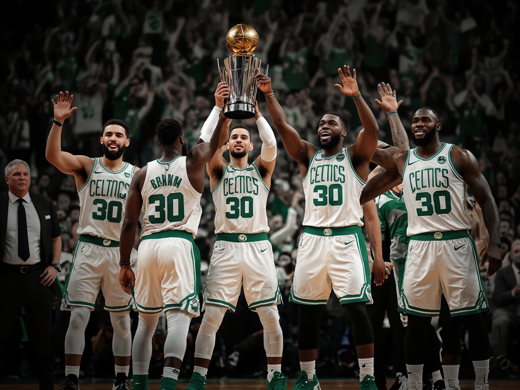 Boston Celtics' players, including Jayson Tatum and Jaylen Brown, celebrate their victory over the Dallas Mavericks in the 2024 NBA Finals, securing their 18th championship title.