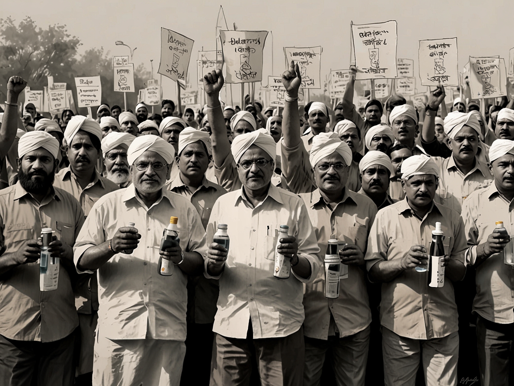BJP leaders and supporters protest in Delhi holding bottles of murky water, demonstrating against the AAP government's handling of the water crisis and demanding clean, sufficient water for residents.