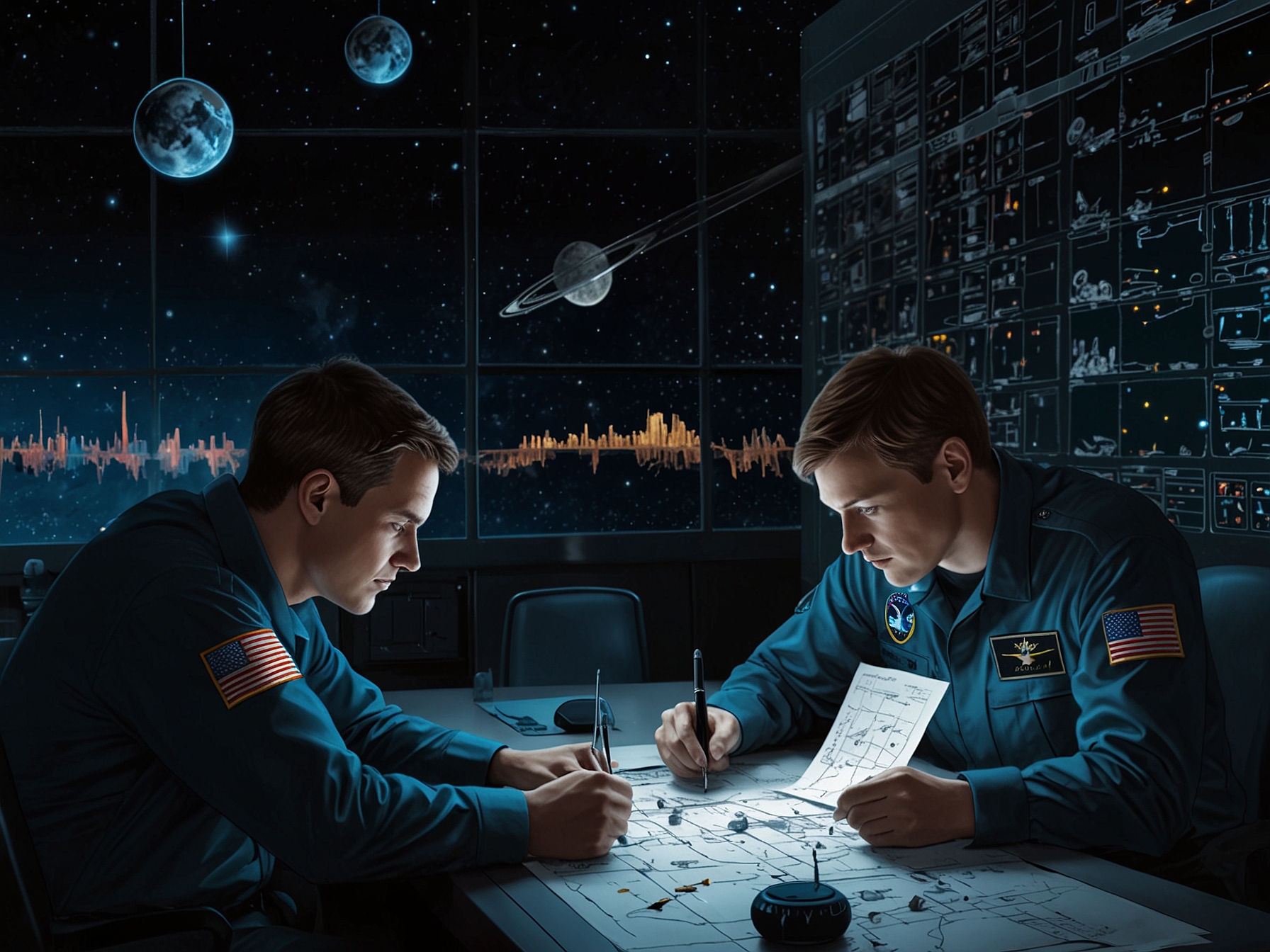 Illustration of U.S. Space Force personnel analyzing data from satellites, highlighting the ongoing necessity of space operations despite budgetary cuts.
