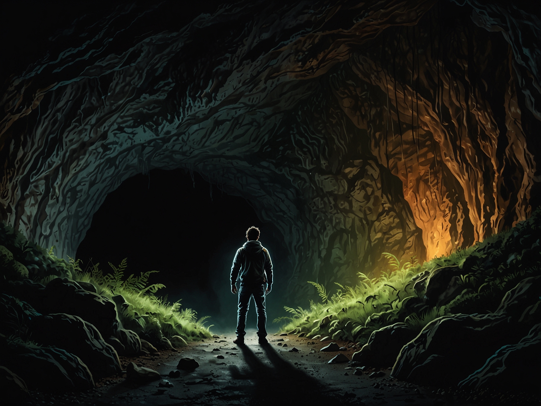 MrBeast, standing at the entrance of the Waitomo Caves, prepares for an exciting exploration. The cave’s natural beauty is illuminated by a soft, ambient light, capturing the anticipation of the adventure.