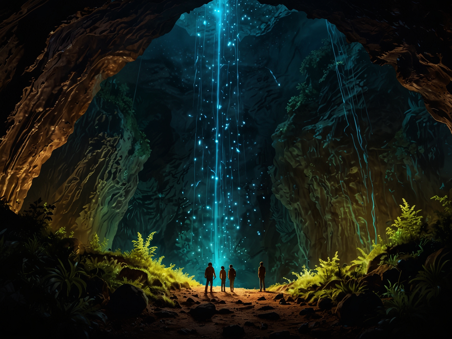 A panoramic view inside the Waitomo Caves showcases its stunning glowworms, lighting up the cavern like a starry sky. MrBeast and his crew are seen marveling at the unique natural phenomenon, creating engaging video content.