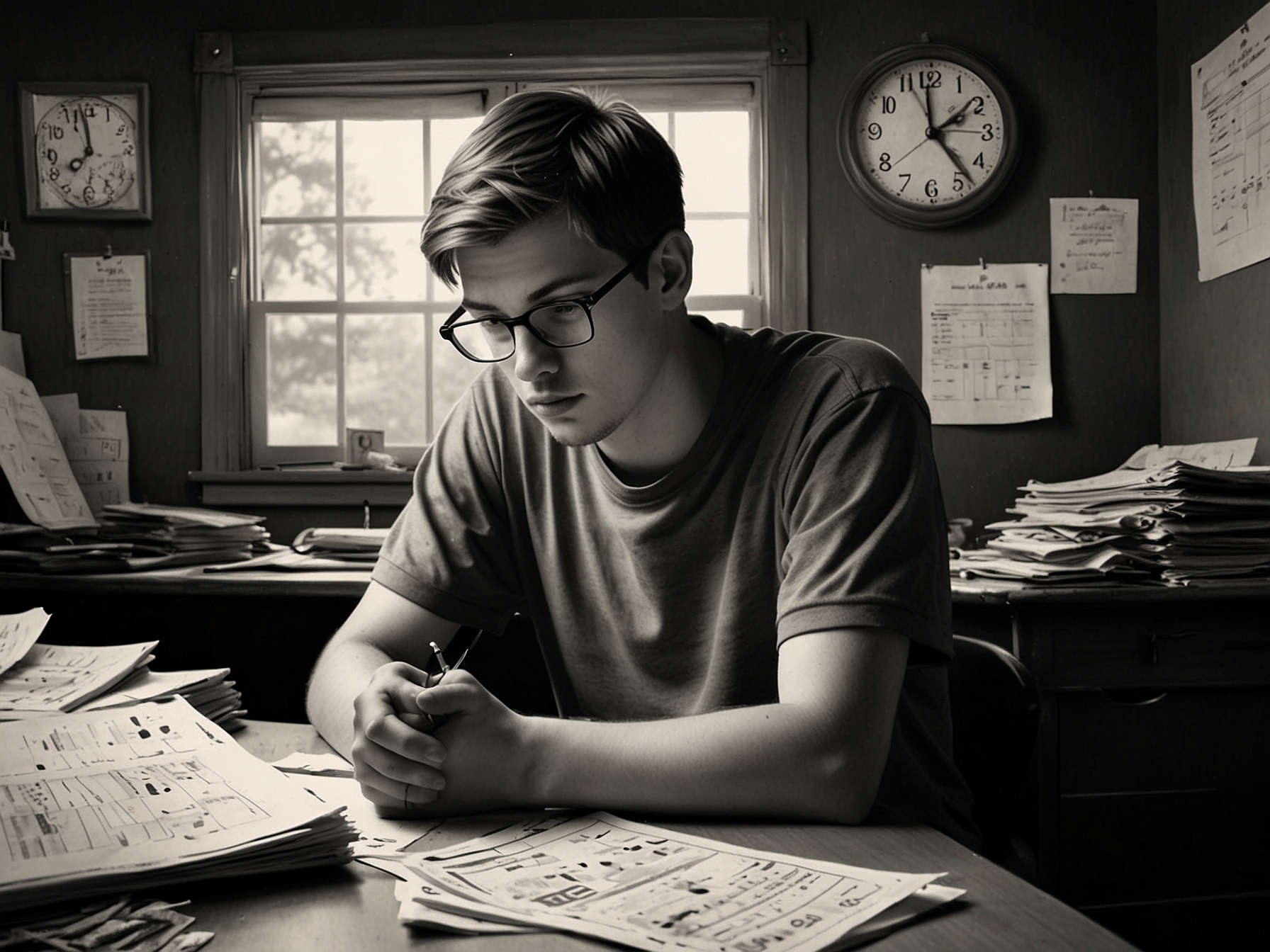 A frustrated young adult sitting at a cluttered desk with a voter registration form and a clock showing time running out, highlighting the looming deadline and apathy among youth.