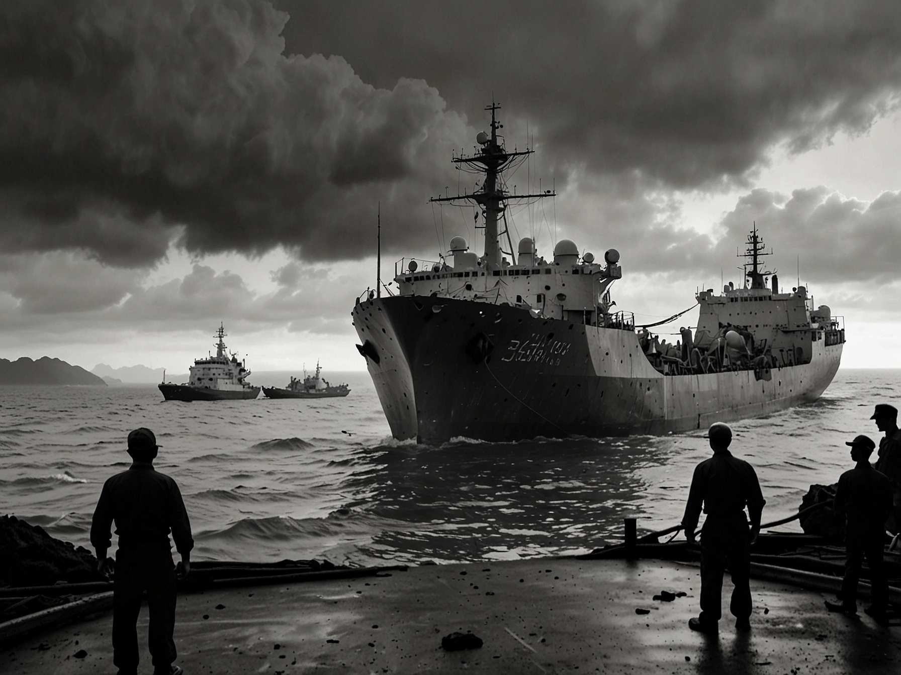 A photograph capturing the aftermath of the collision between the Chinese vessel and the Philippine supply ship, showing damage to both ships and the tense atmosphere as crew members assess the situation.