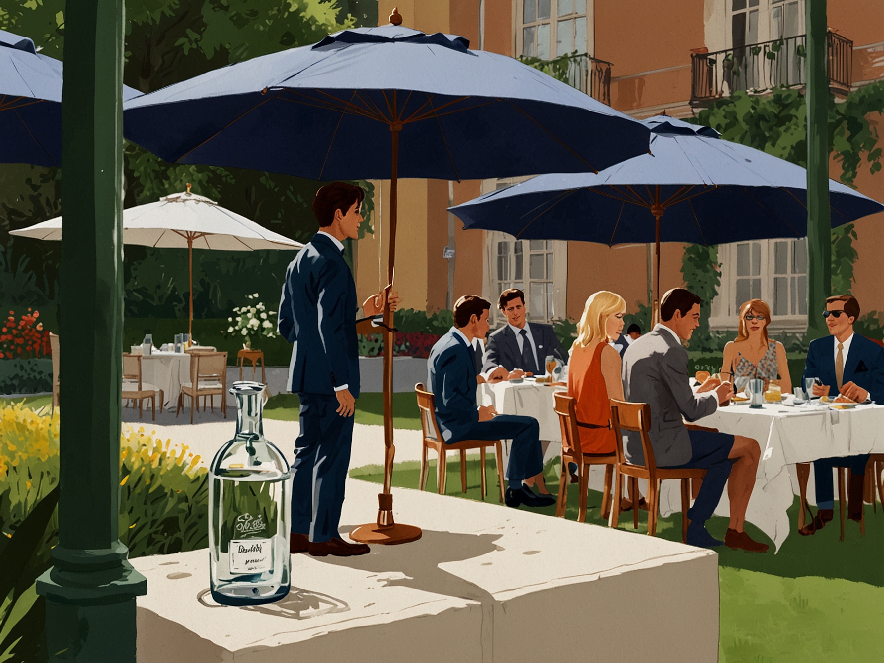 An outdoor garden setting at Milan Fashion Week, with models showcasing Dunhill SS25 collection. Umbrellas provided shade while guests enjoyed refreshing beverages, epitomizing British luxury.