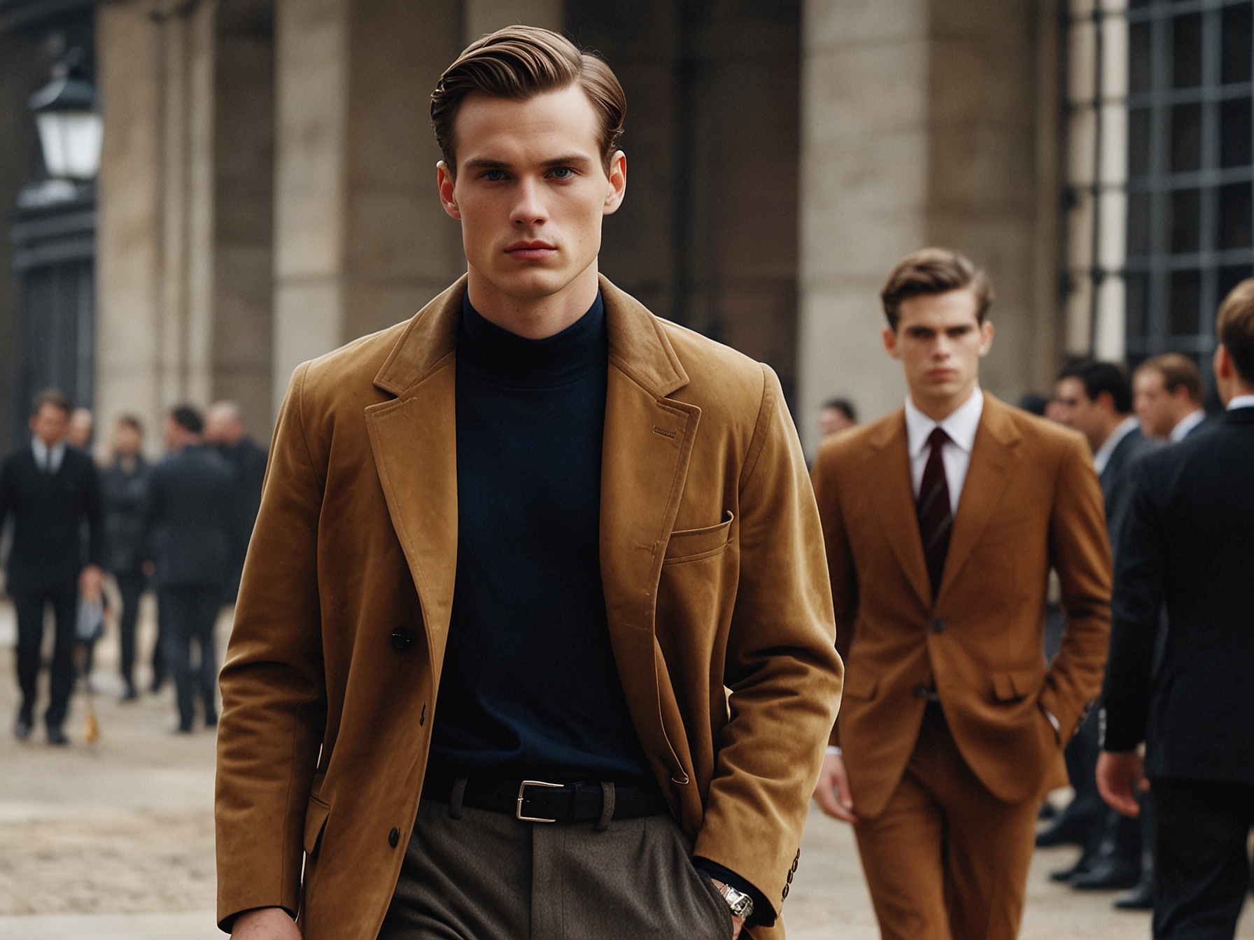 Models walking the runway in Dunhill's classic and bold designs, featuring suede outerwear, fitted trousers, and leather accessories. The collection highlighted timeless British craftsmanship and elegance.