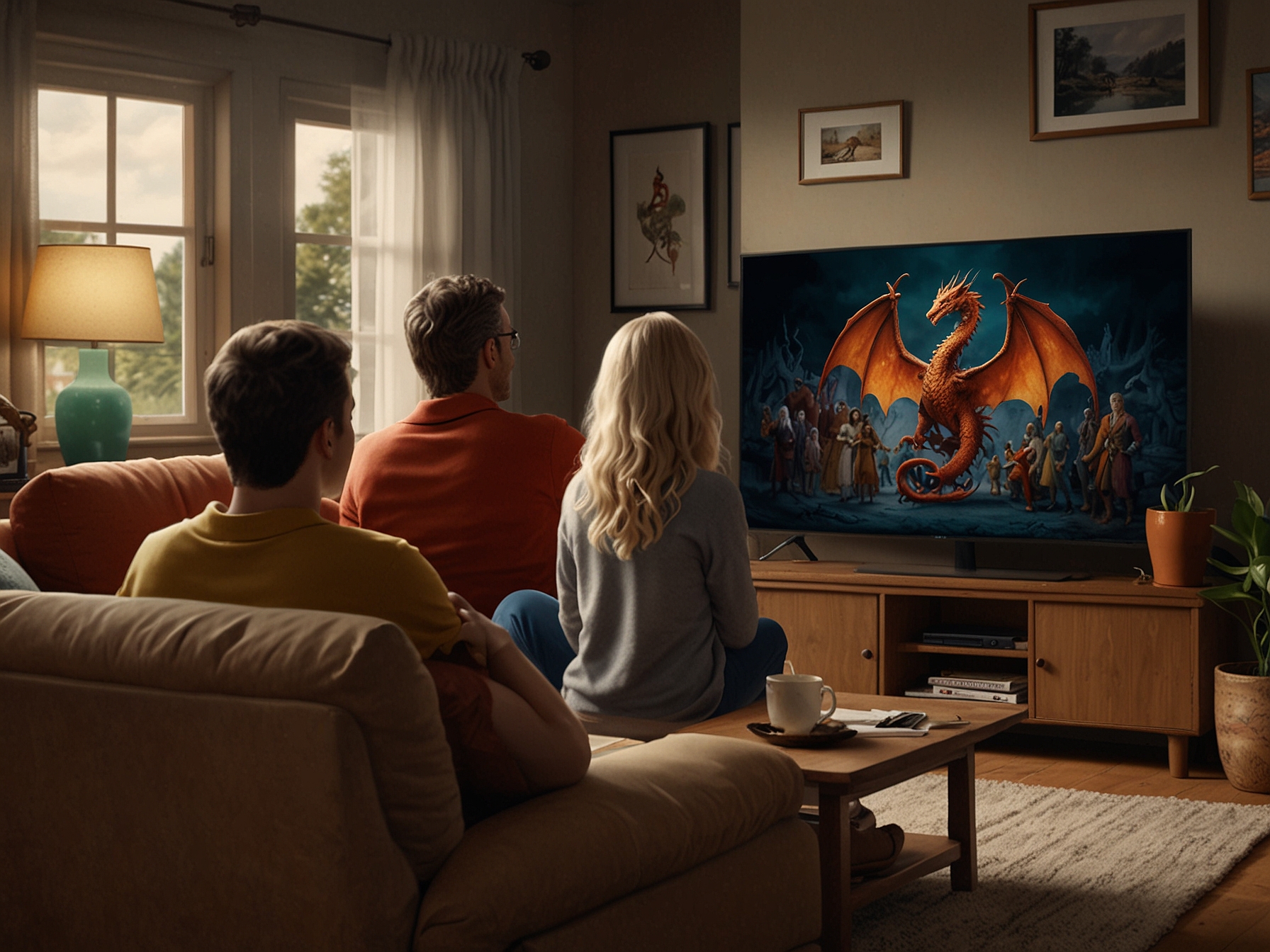 A family gathered around a TV watching 'House of the Dragon' season 2 streaming on HBO Max, symbolizing global accessibility for fans through various platforms.