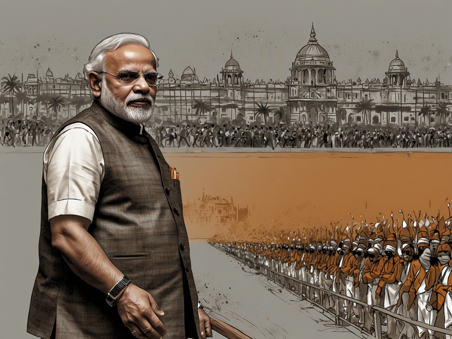 An illustration showing Prime Minister Narendra Modi facing political challenges, with the resurgence of SP and RJD symbolizing voters' shift towards social equity and justice.