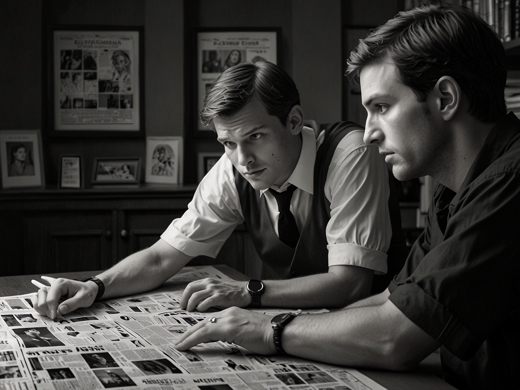 Players examining a newspaper spread featuring the NYT Connections puzzle, with focused expressions reflecting their engagement in solving game #372.