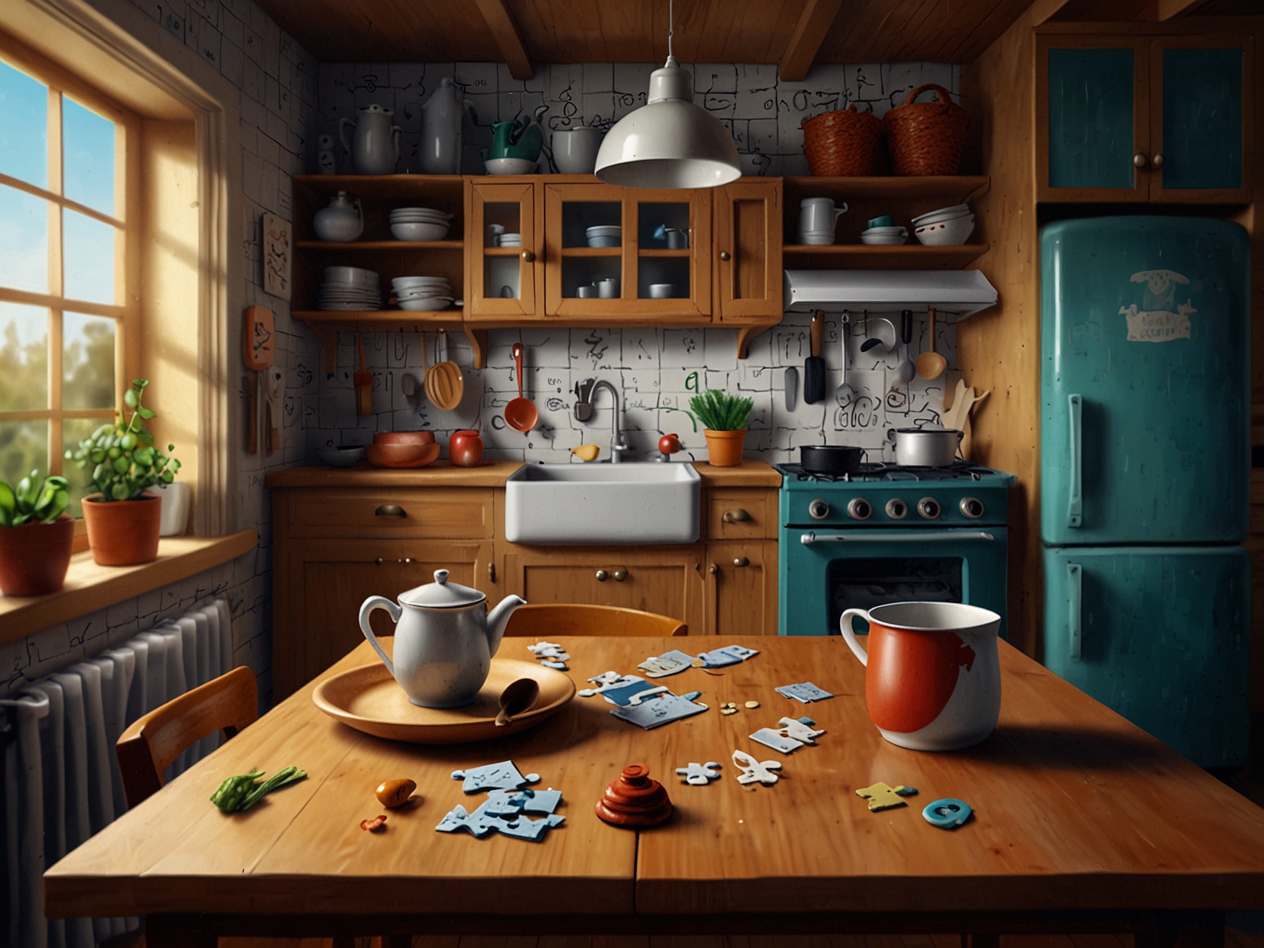 A scene featuring a cozy kitchen with various household items, signifying the kitchen-themed group of words in the puzzle, indicating the everyday objects involved.