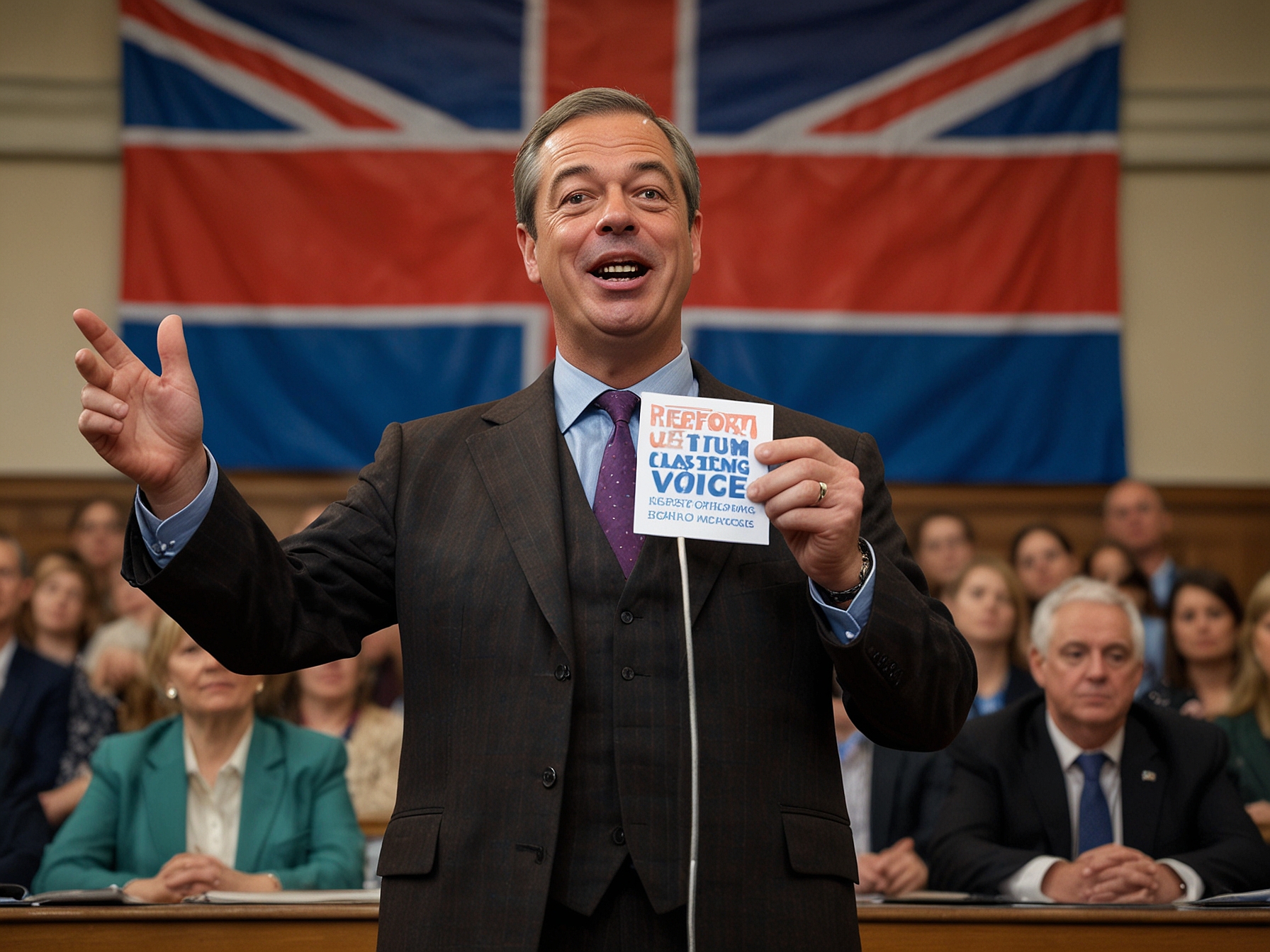 Nigel Farage passionately delivering a speech at a town hall meeting, holding up the newly launched Reform UK's manifesto, while a banner behind him reads 'Reform UK: Your Voice for Change'.
