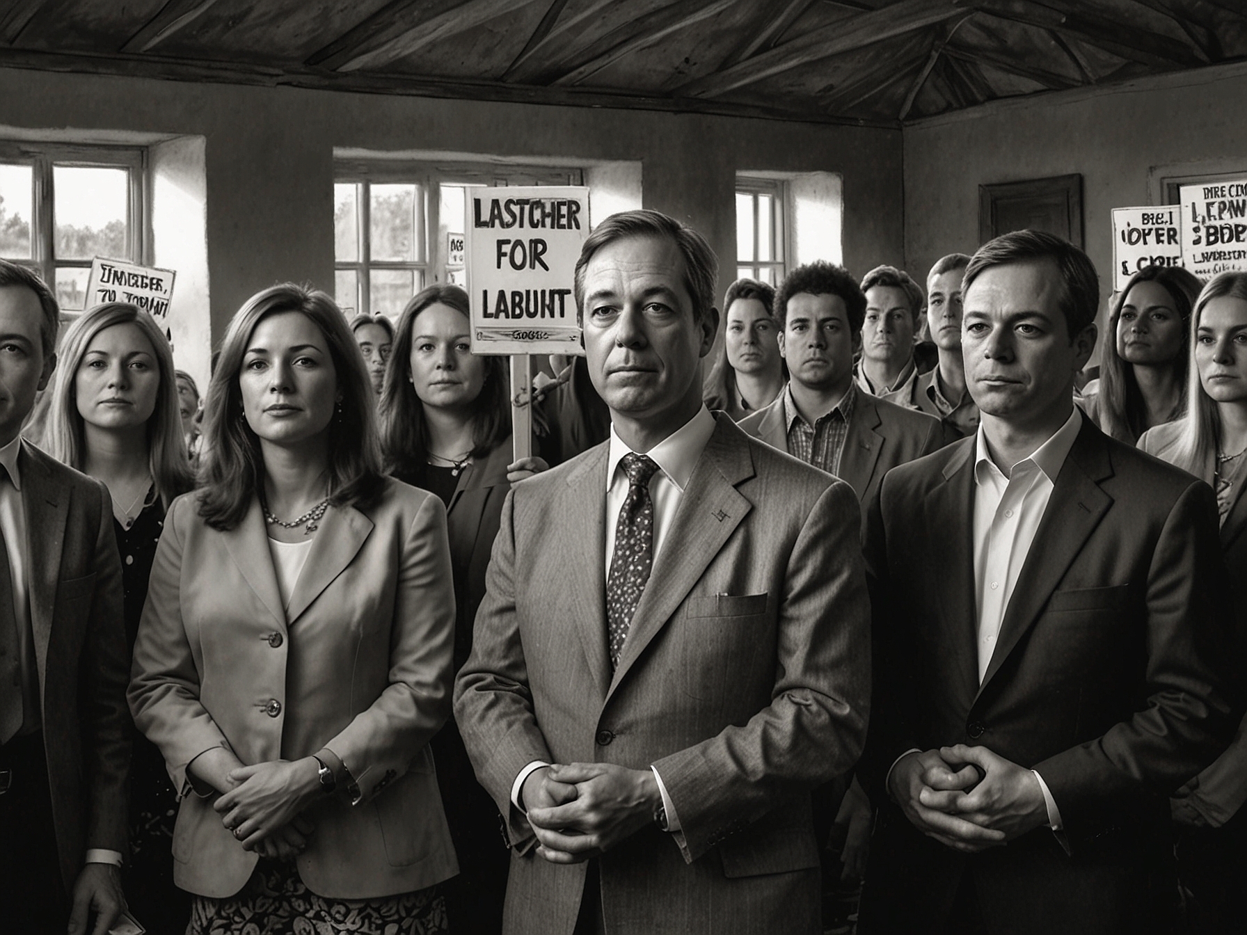 A diverse crowd of attendees at a community event, listening intently to Nigel Farage, with some holding signs that read 'Stronger Together' and 'New Hope for Labour Heartlands'.