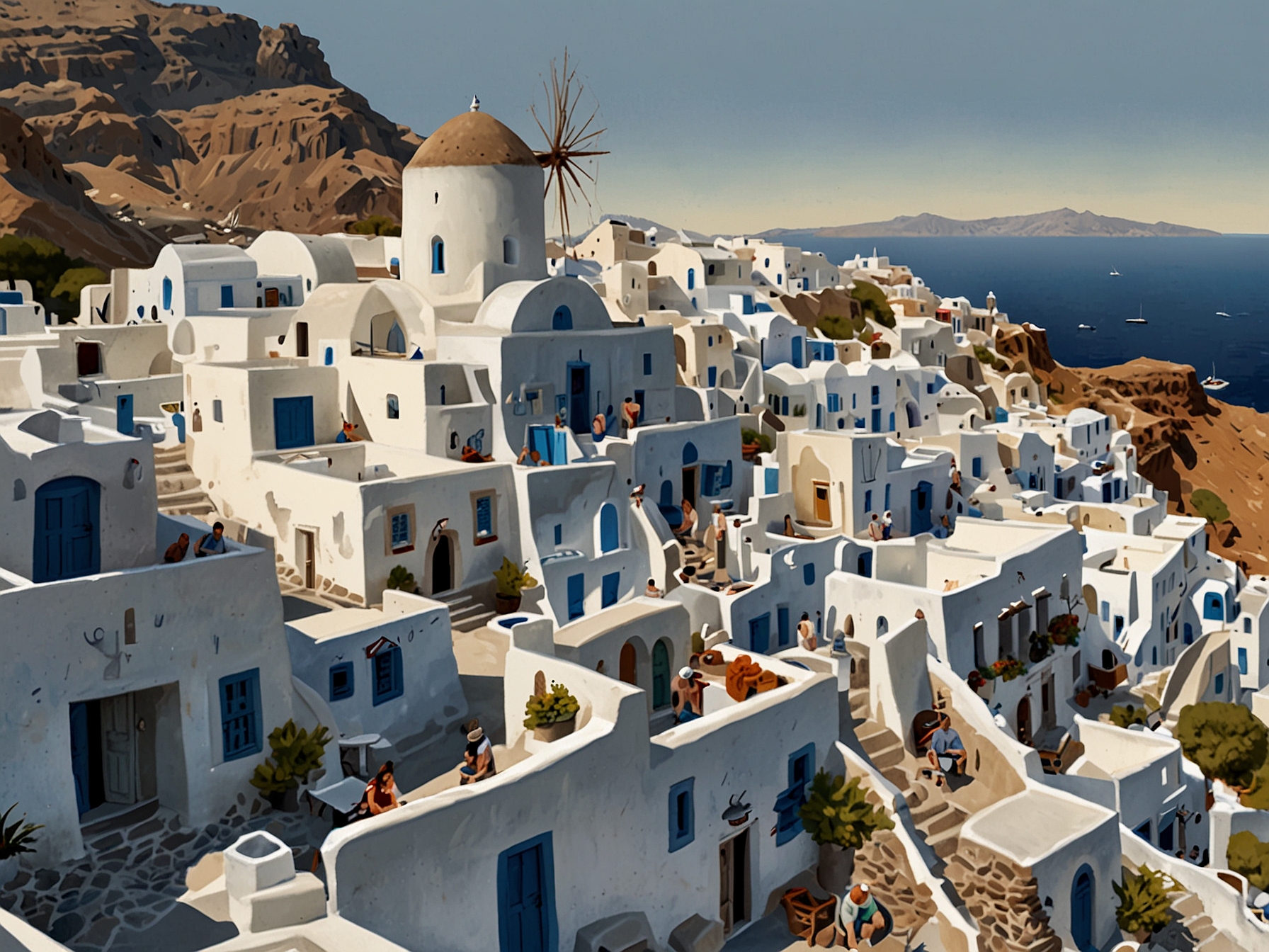 An aerial view of Santorini, showcasing its iconic white-washed buildings and congested streets filled with tourists. The image highlights the overcrowding and the strain on local infrastructure.