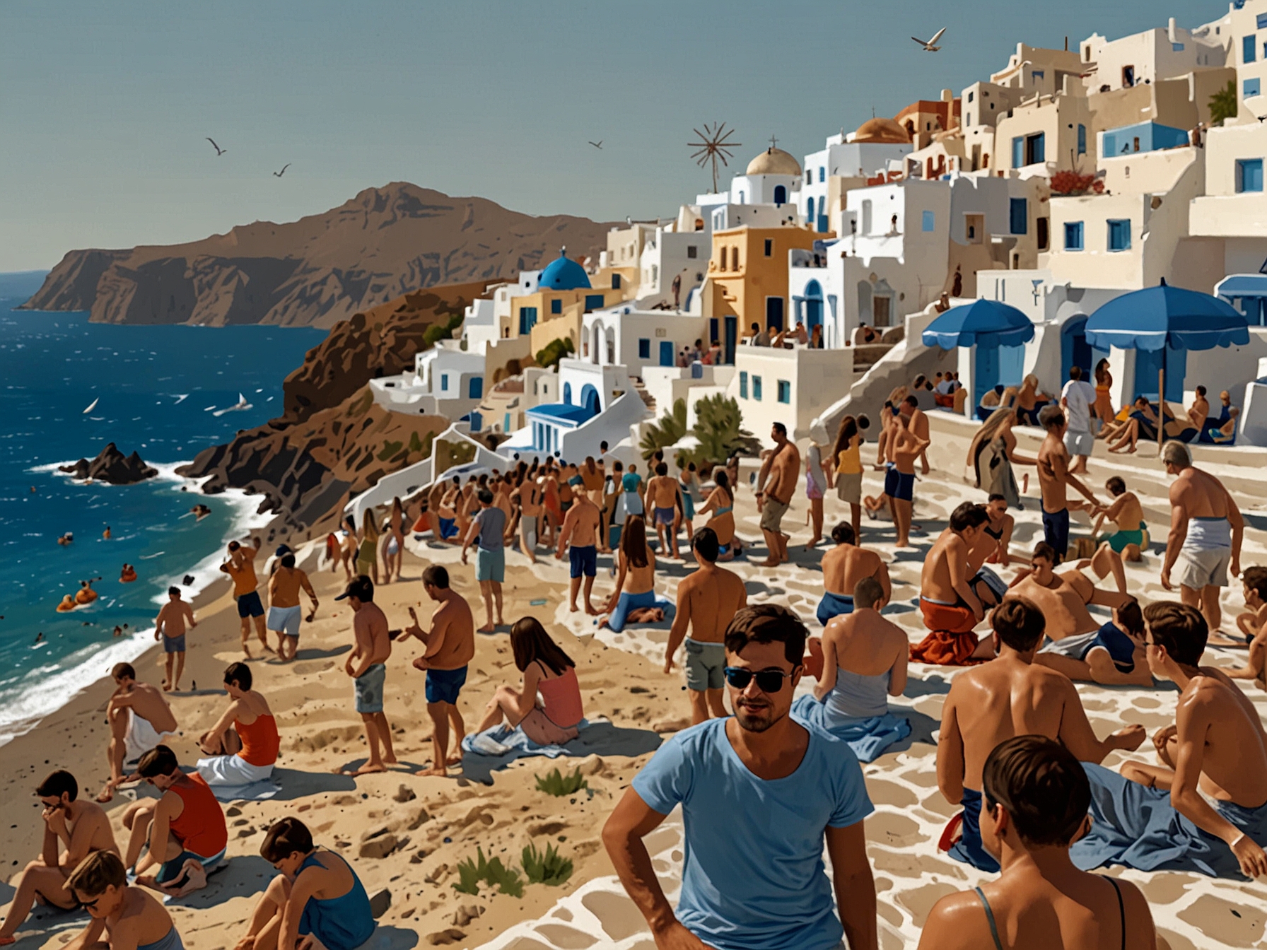 A photograph of Santorini's beaches crowded with tourists during peak season. The image illustrates the impact of over-tourism on the environment and the challenges of sustainable tourism.
