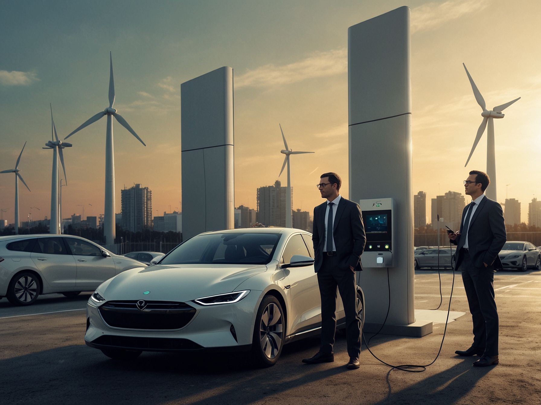 A collaborative scene depicting European industry leaders discussing advancements in EV technology, with a backdrop of modern infrastructure including charging stations and renewable energy sources.