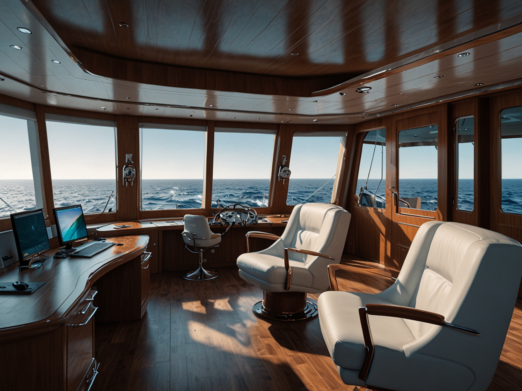The cockpit area of the 170-foot Feadship sportfishing superyacht features fighting chairs and a tuna tower, optimized for comfort and effectiveness during intense fishing sessions.