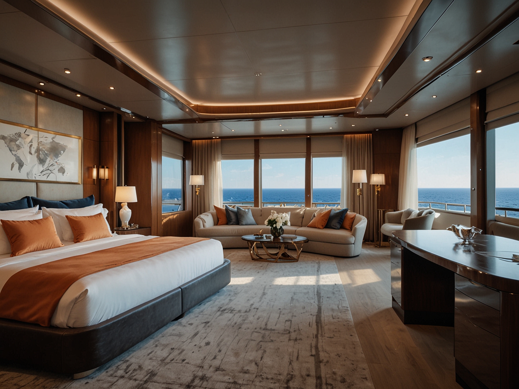 The opulent master suite on the Feadship superyacht includes a king-sized bed, en-suite bathroom, and large windows offering breathtaking sea views, epitomizing luxury and comfort.
