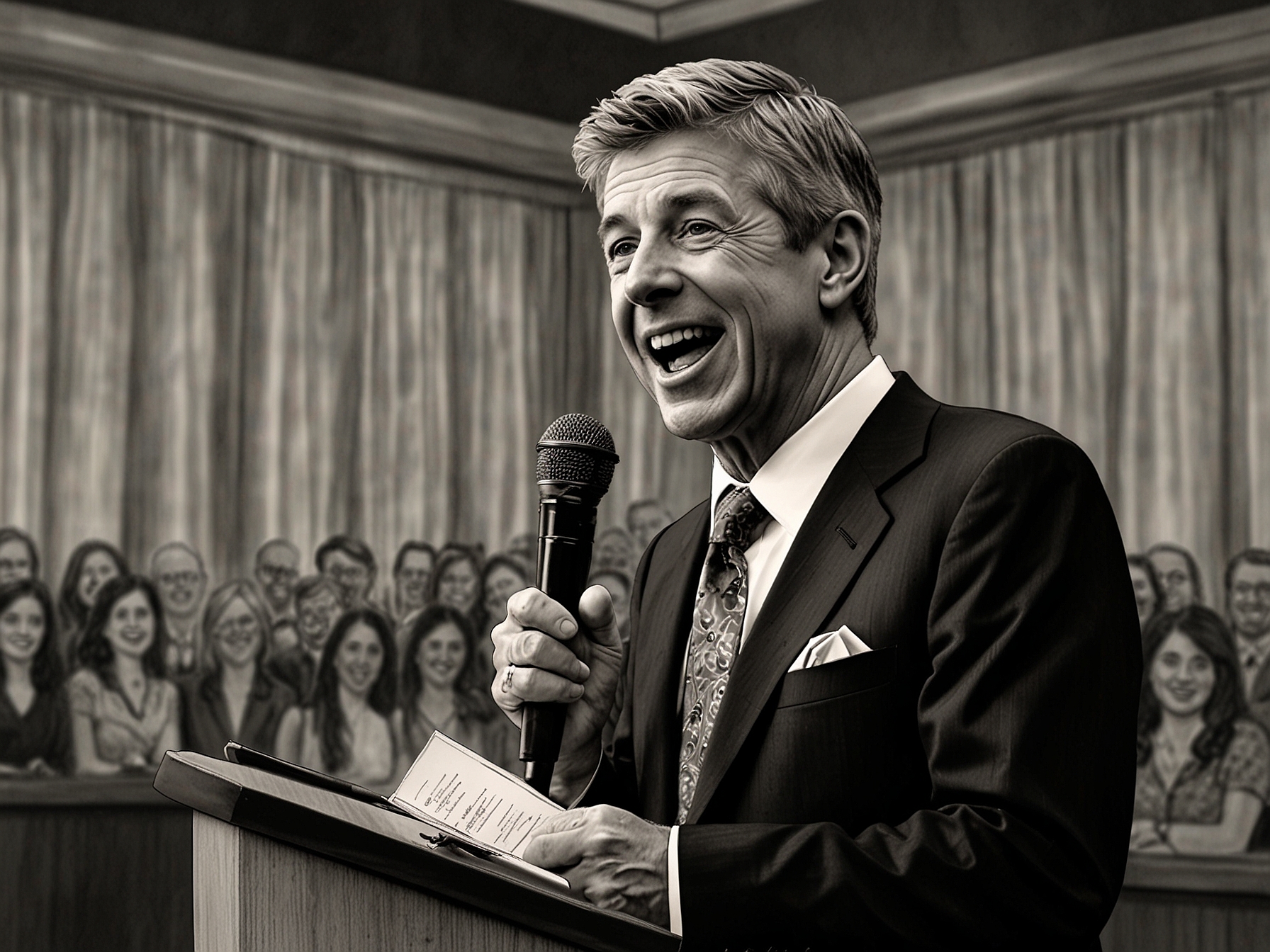 Tom Bergeron, dressed in a smart suit, speaking humorously at an event where he was honored with the Sam Rubin Award, drawing laughter from the audience.