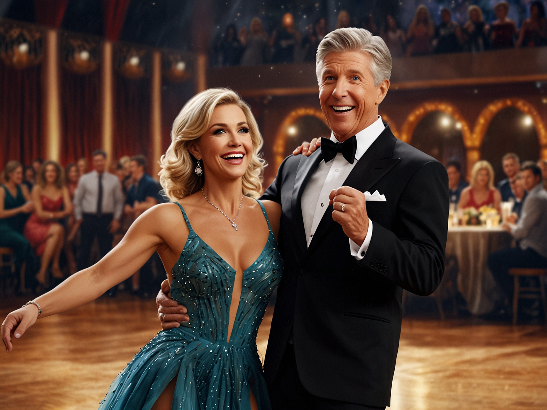 A nostalgic scene from DWTS, showing Tom Bergeron on stage, engaging in lighthearted banter with contestants and co-hosts amidst the glitzy ballroom setting.