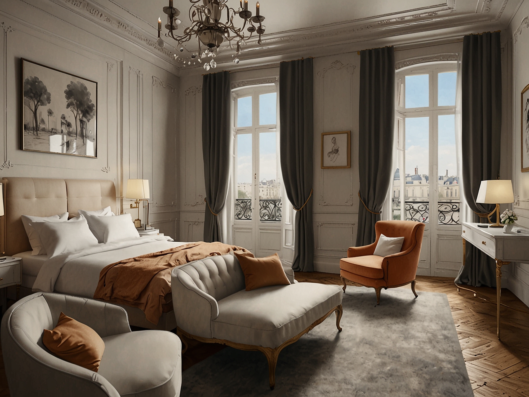A chic Parisian hotel suite showcasing separate sleeping areas for parents and children, blending classic Parisian architecture with contemporary décor. Perfect for family comfort and privacy.
