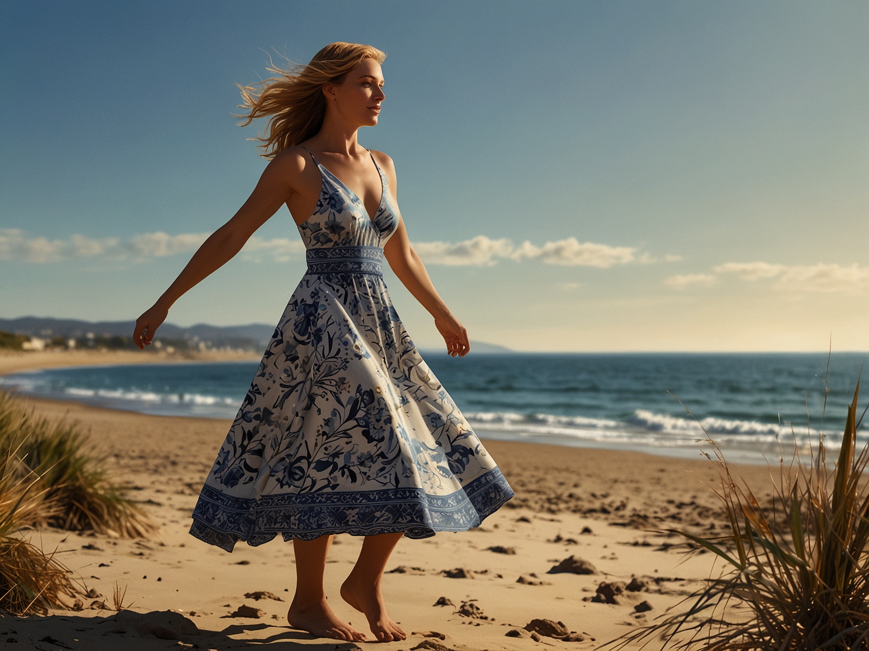A woman wearing the new M&S dress on the beach, showing off its flattering silhouette and stylish design. The sun shines in the background, highlighting the dress's lightweight fabric.
