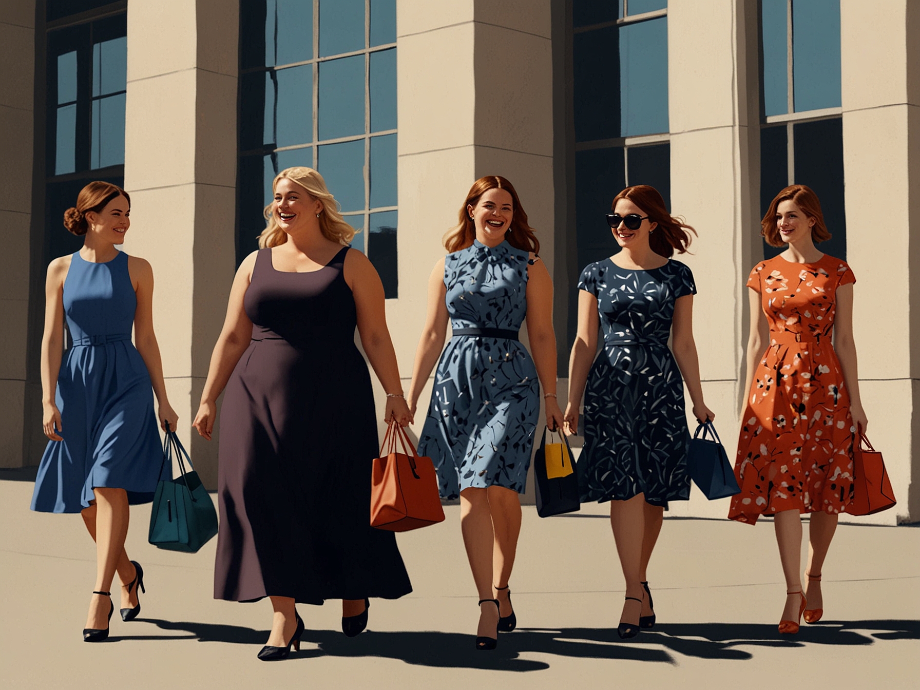 Multiple women in different sizes and colors of the M&S dress, demonstrating its versatile design and excellent fit. They're smiling and enjoying a sunny day, reinforcing the dress's comfort and style.