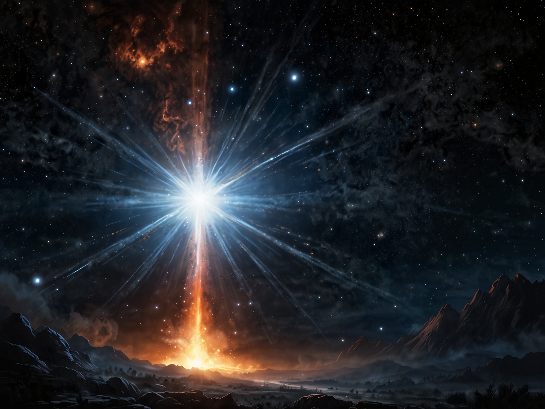 An illustration of a white dwarf star in a binary system, accumulating material from its companion star before erupting into a brilliant nova explosion, lighting up the night sky.