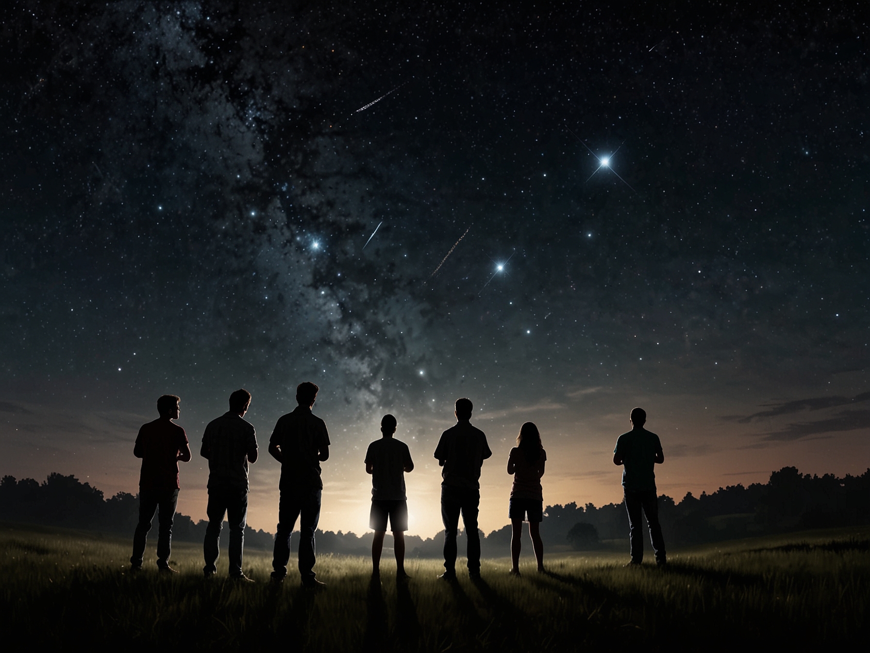 A group of stargazers in a rural area with minimal light pollution, using a stargazing app to locate and observe the spectacular nova explosion brightening the summer night sky.