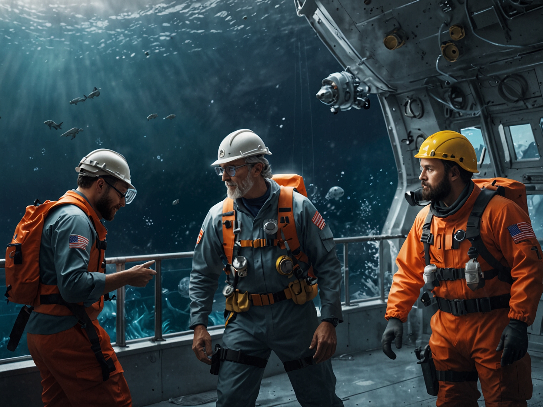 Depiction of a diverse team of ocean explorers and engineers collaborating on safety protocols and training, showcasing the community's commitment to transparent and cooperative advancements.