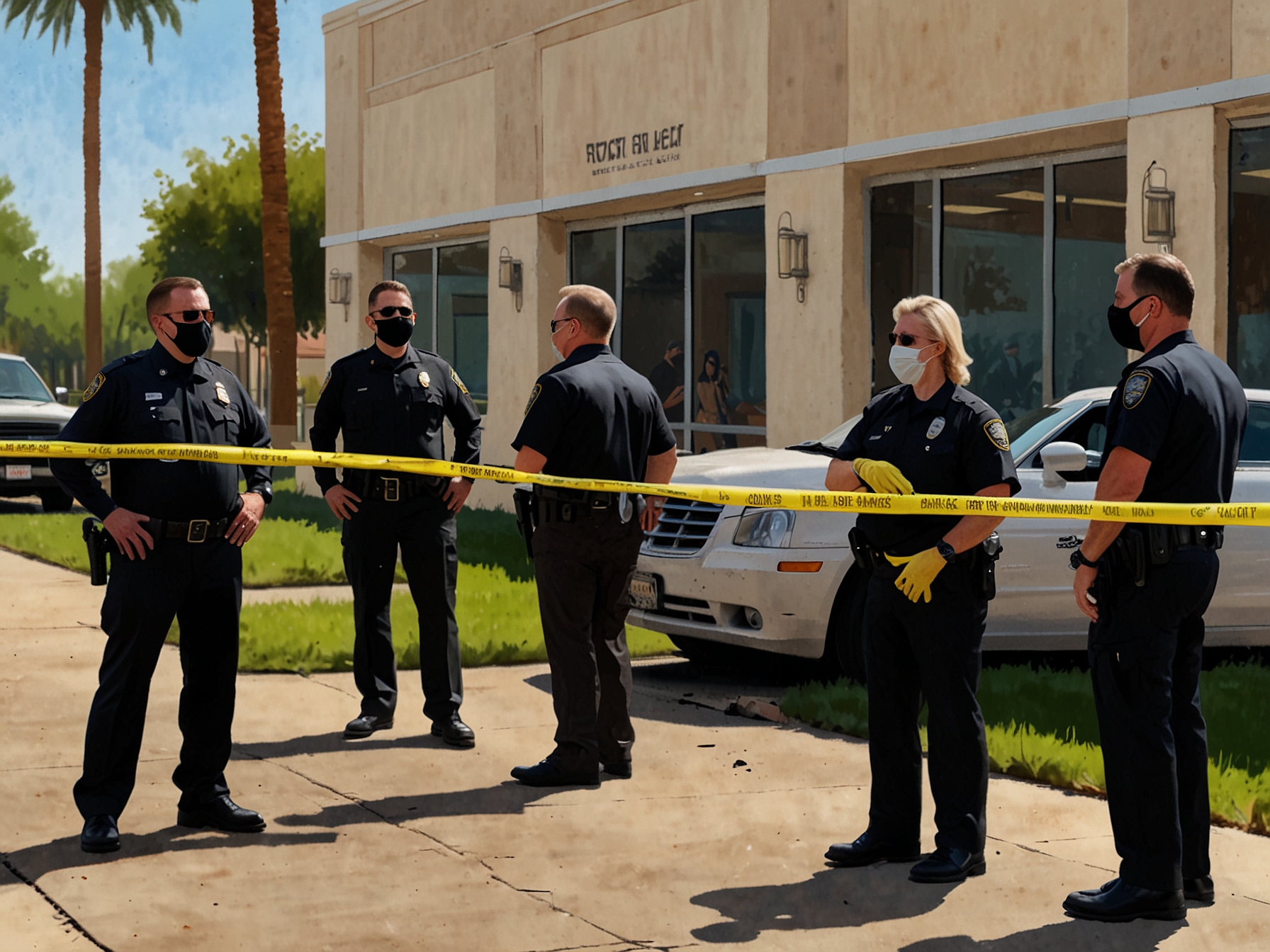 Law enforcement and Secret Service agents are seen collaborating at the crime scene in Tustin, California, following the robbery of a Secret Service agent during President Biden's visit.