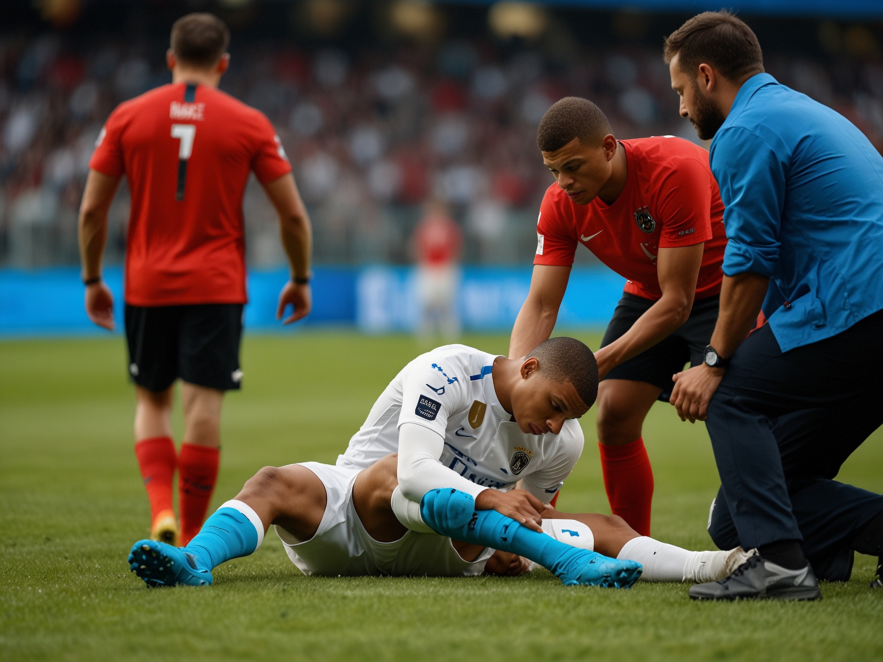 Kylian Mbappe receiving medical attention on the field after his unfortunate collision with Austria’s Maximilian Woeber, showing evident pain and concern from team medics.