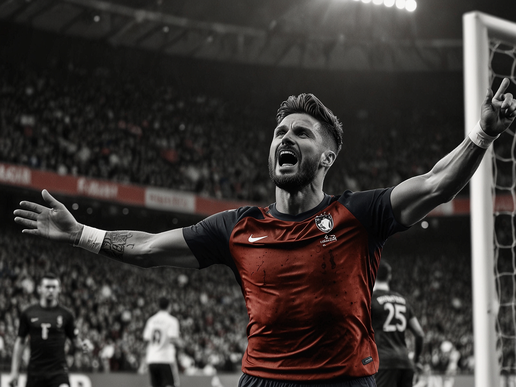 Olivier Giroud celebrating after scoring the match-winning goal for France in the 67th minute with joyful French fans in the background at Duesseldorf Arena.