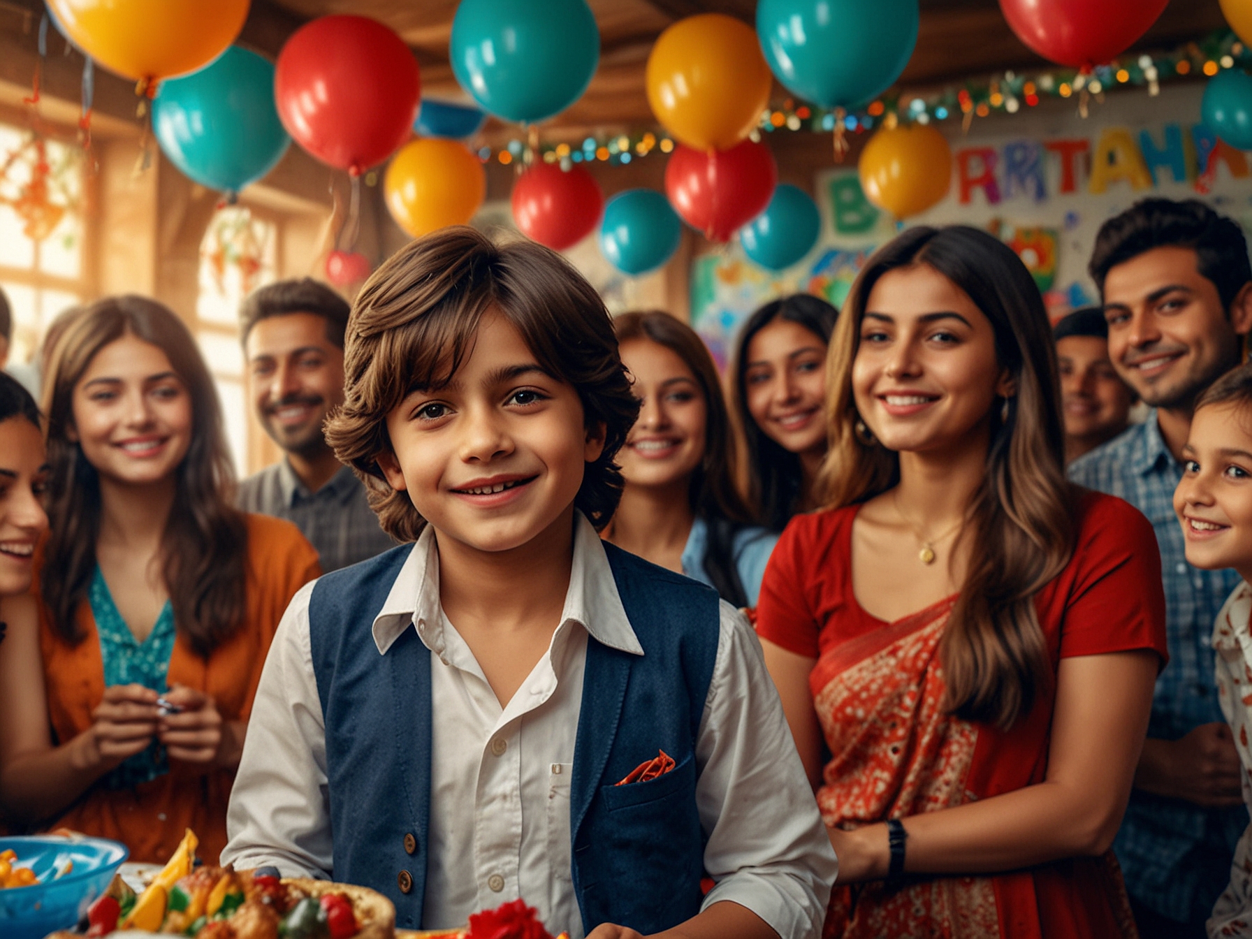 Young AbRam Khan, full of energy and charm, mingling with friends at Yohan's birthday party, which featured vibrant decorations, themed elements, and various fun activities.