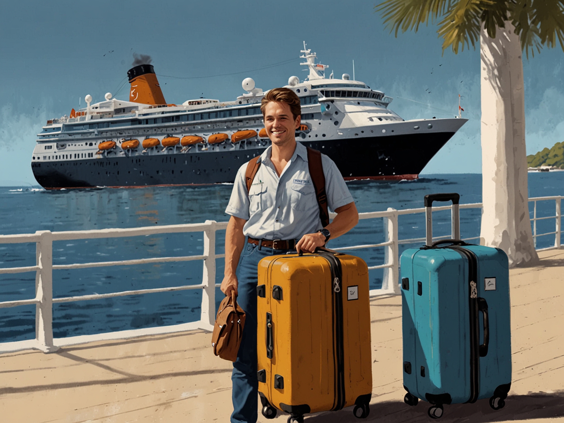 Marty and Jess Jackson boarding another cruise ship, smiling and holding their luggage, ready for their next adventure. The port in the background symbolizes their continuous voyages.