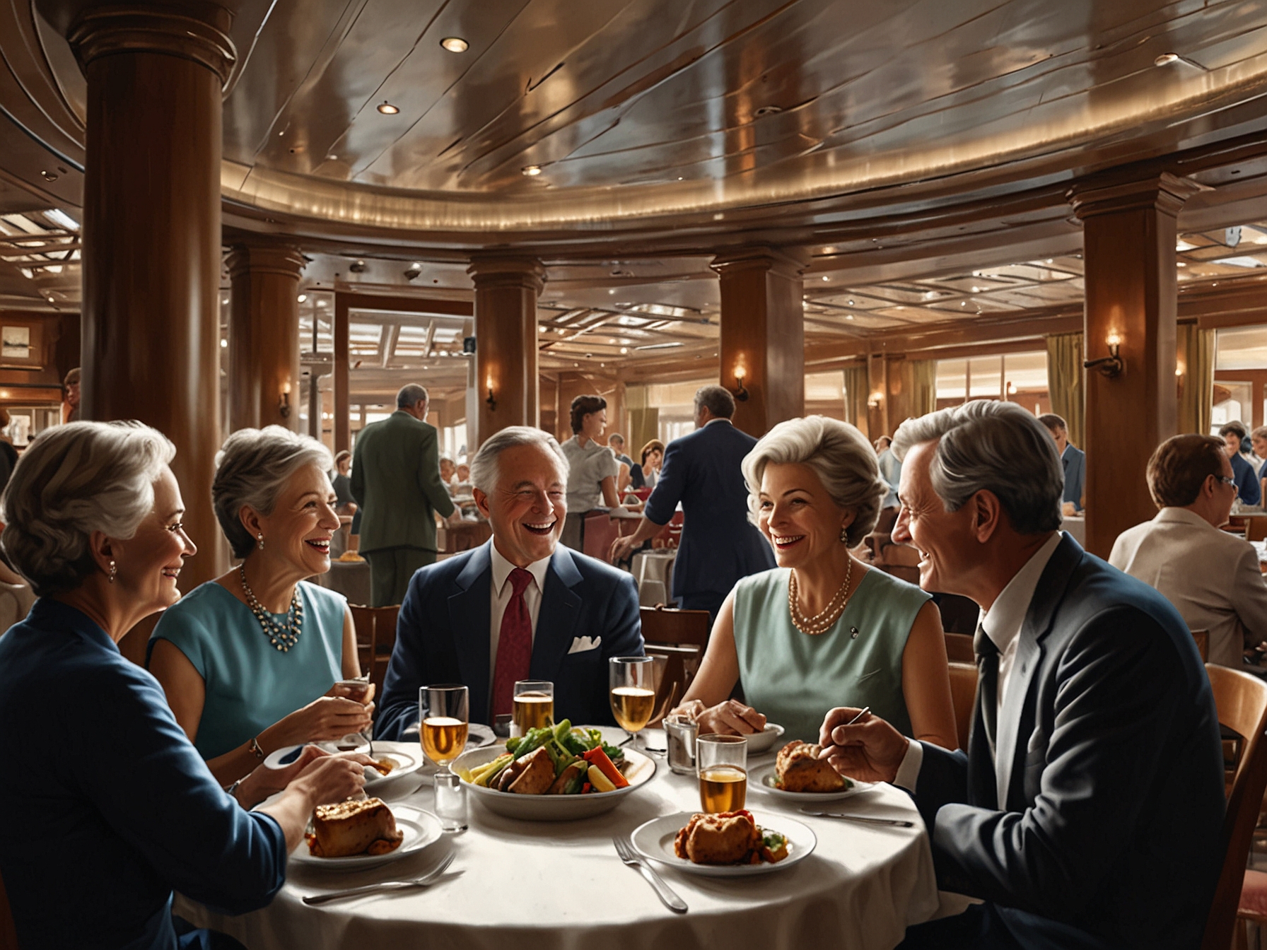 The couple enjoying a gourmet meal in one of the ship's dining halls. They are surrounded by fellow passengers, highlighting the social and lively environment of their retirement lifestyle.