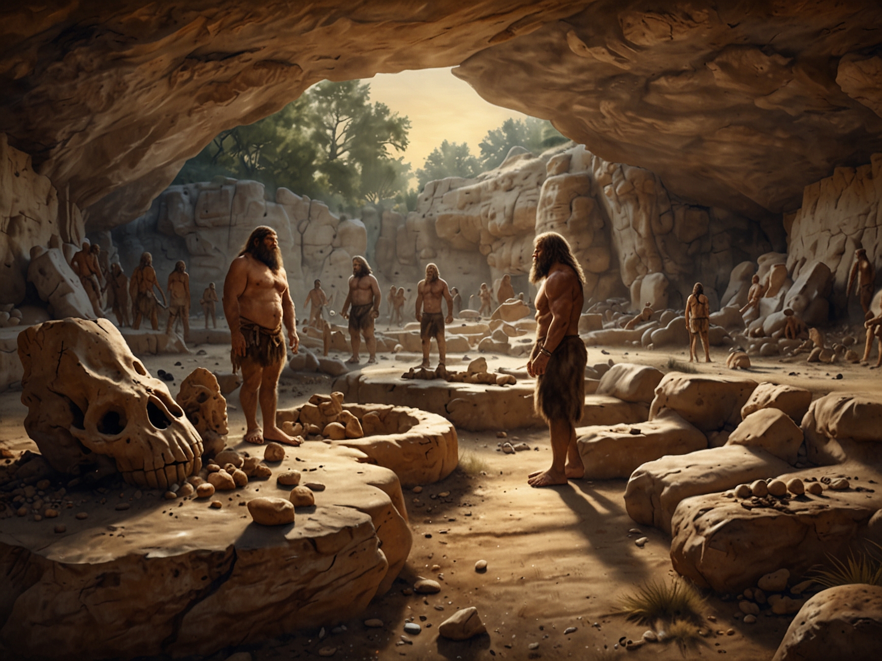 An archaeological site showing artifacts from both Neanderthals and modern humans, symbolizing their cultural exchanges and interbreeding around 47,000 years ago.
