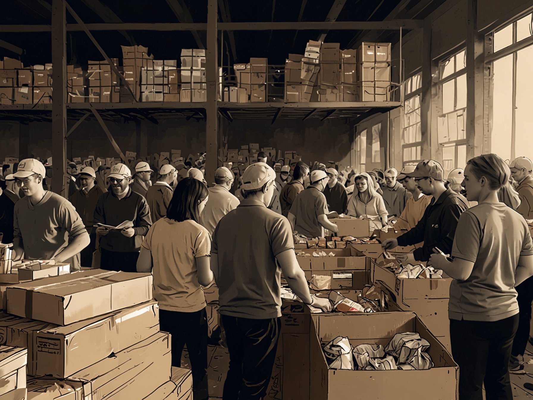 A crowded food bank with volunteers distributing food parcels. The image captures the overwhelming demand and the strain on resources, reflecting the skyrocketing need for assistance.