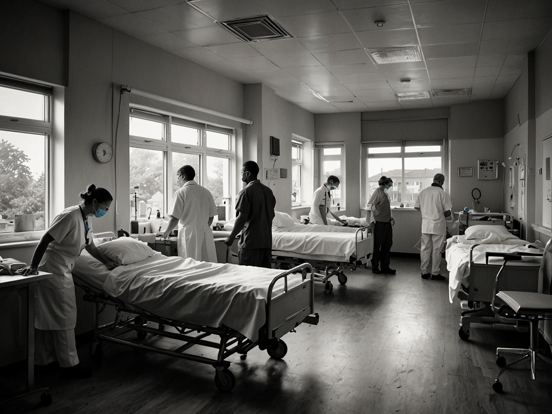 A busy hospital ward with exhausted healthcare workers attending to numerous patients. The image illustrates the immense pressure on the NHS amid economic struggles and rising patient numbers.